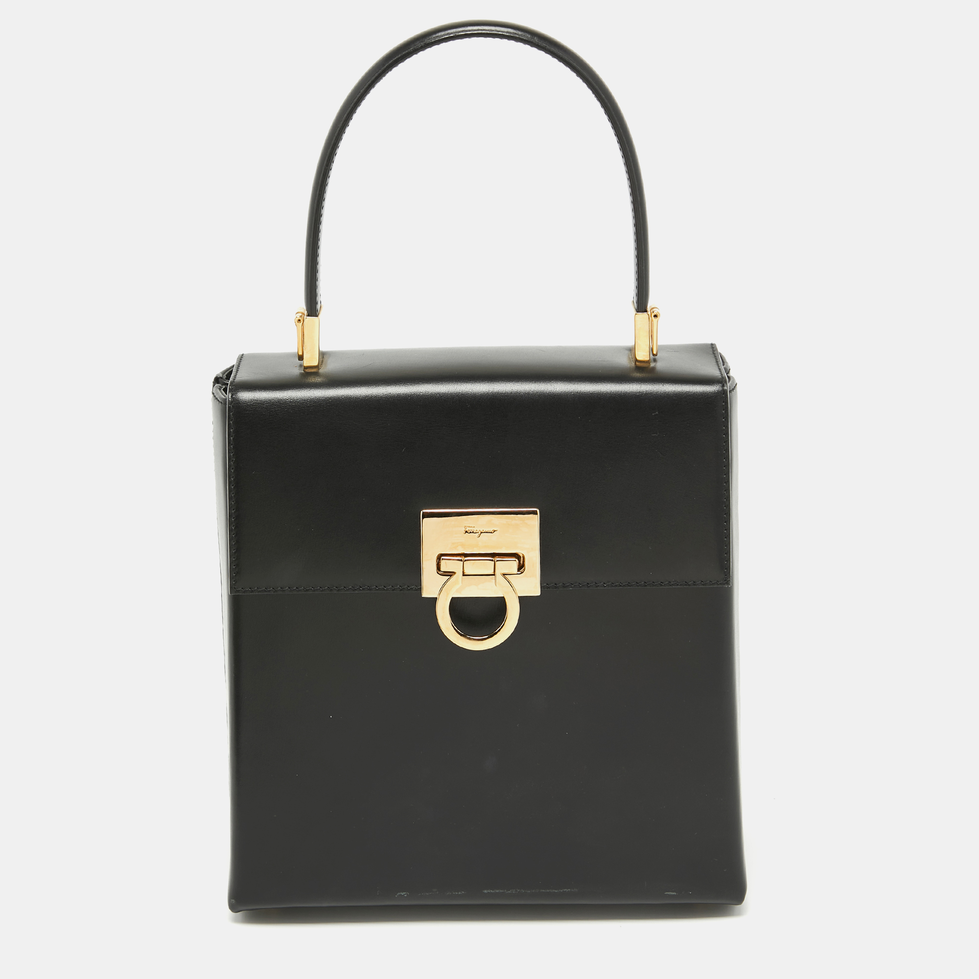 Pre-owned Ferragamo Black Leather Gancini Top Handle Bag