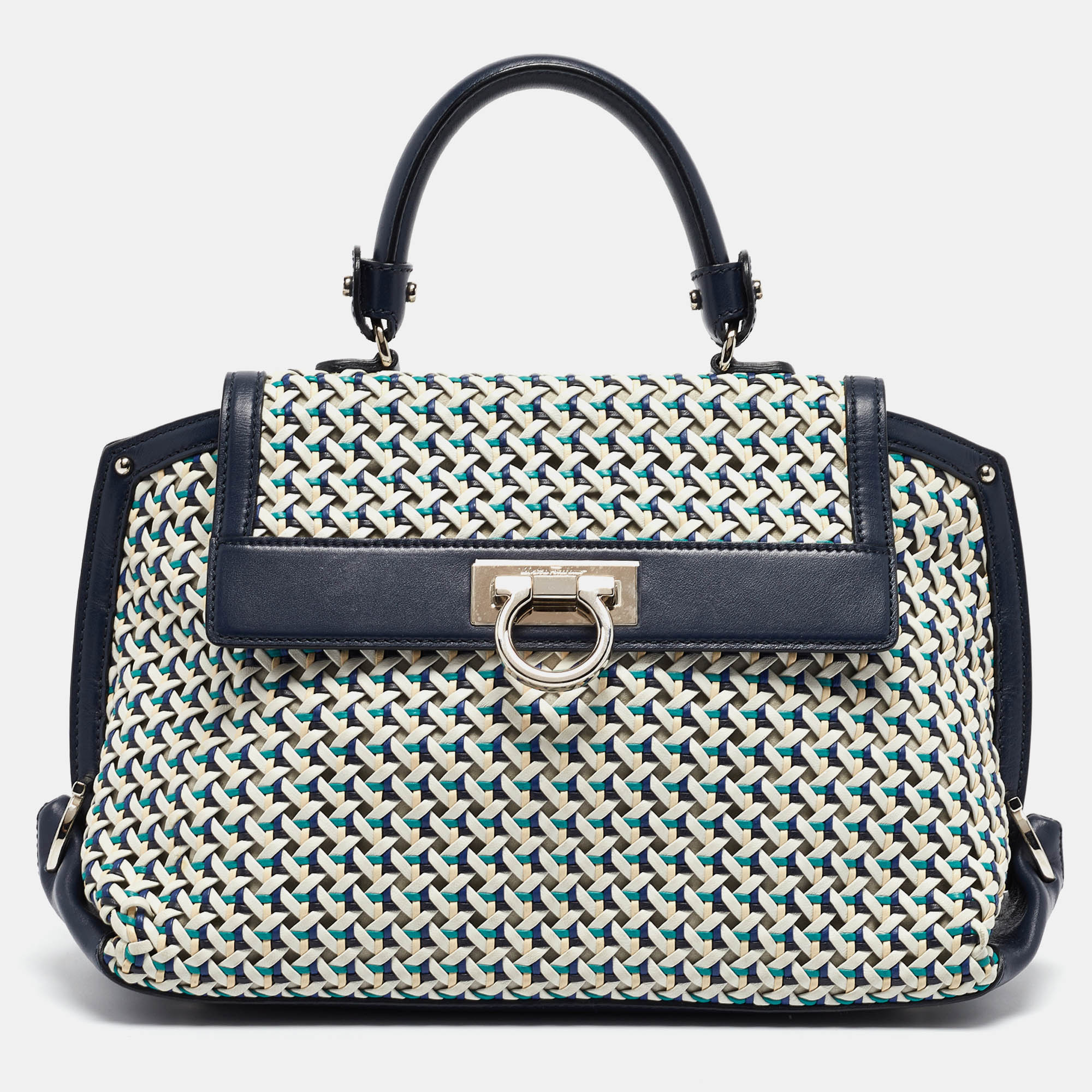 

Salvatore Ferragamo Navy Blue/Multicolor Woven Leather Sofia Top Handle Bag