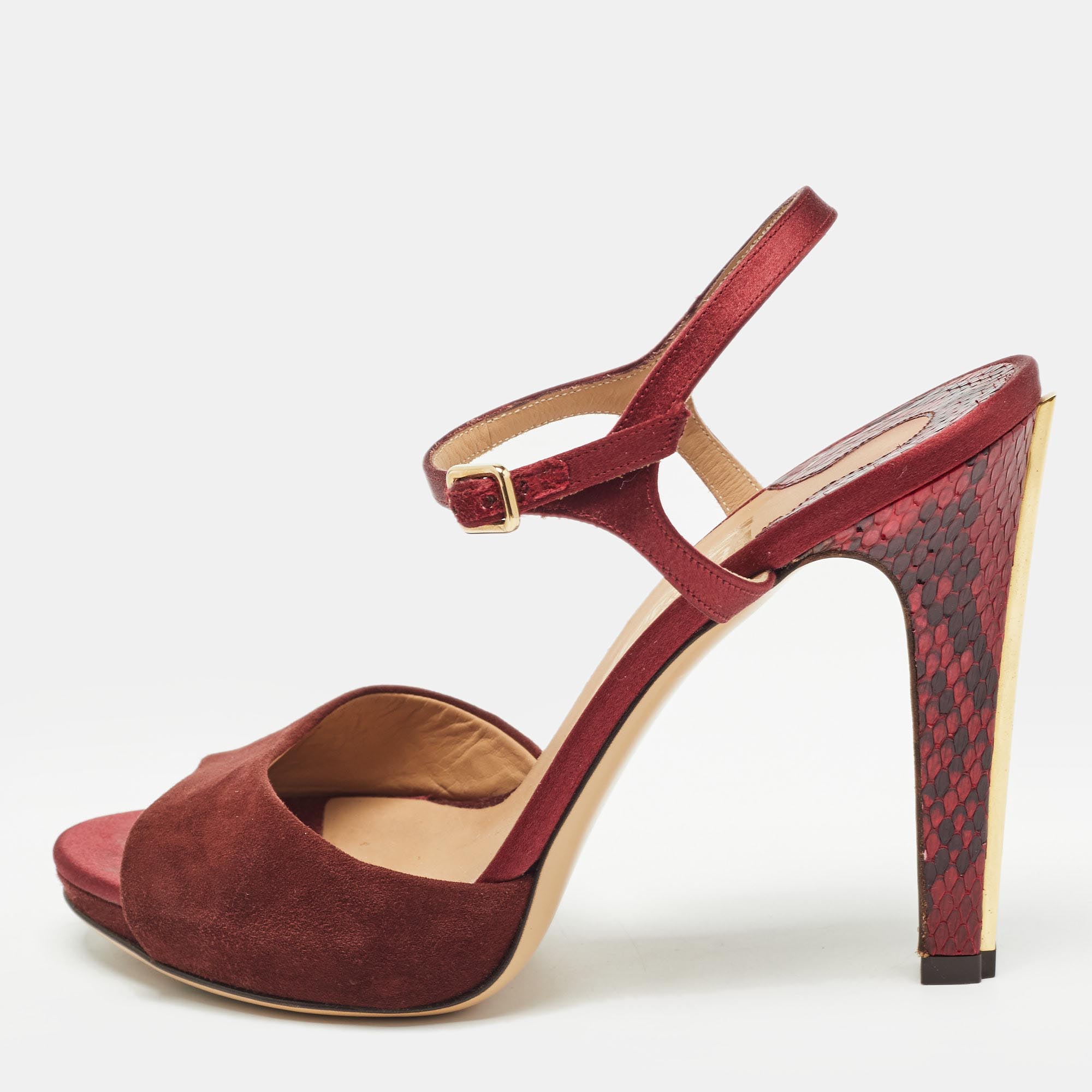 

Salvatore Ferragamo Burgundy Suede and Python Leather Ankle Strap Sandals Size 38.5