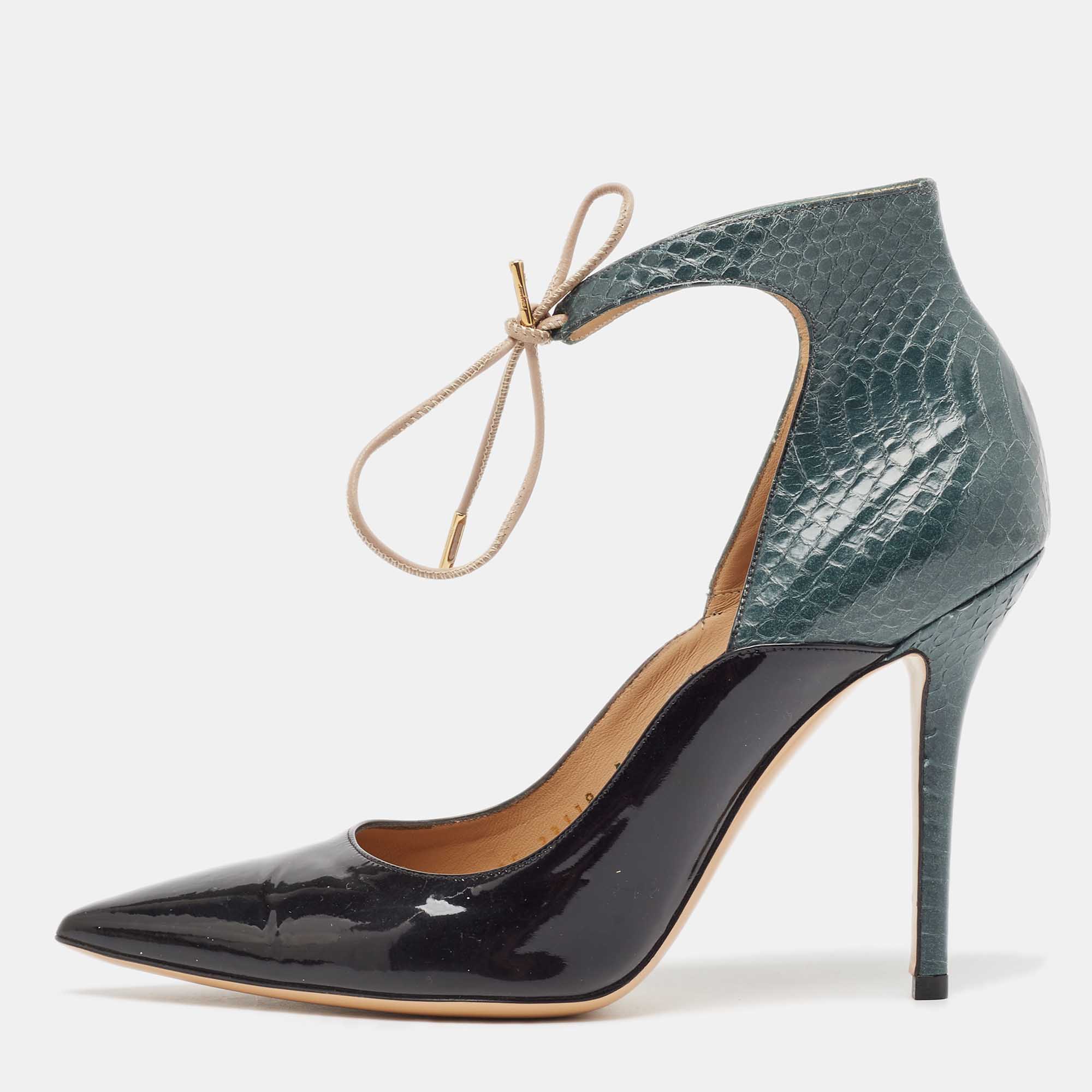 

Salvatore Ferragamo Black/Green Patent Leather and Snakeskin Lace Up Pumps Size