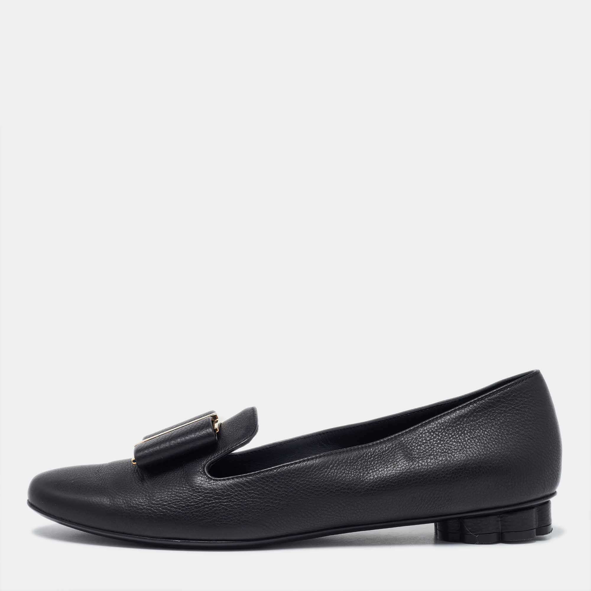 

Salvatore Ferragamo Black Leather Trifoglio Smoking Slippers Size