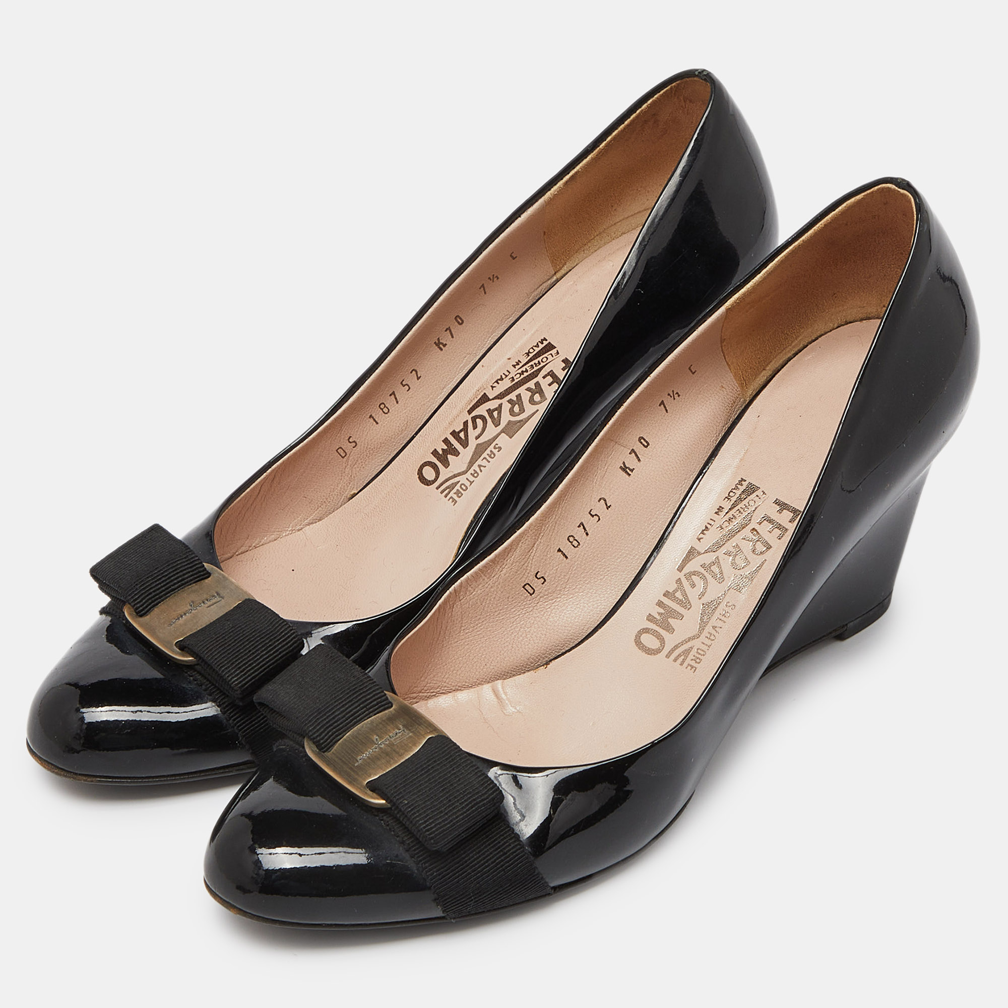 Salvatore Ferragamo Black Patent Leather Vara Bow Wedge Pumps Size 38 