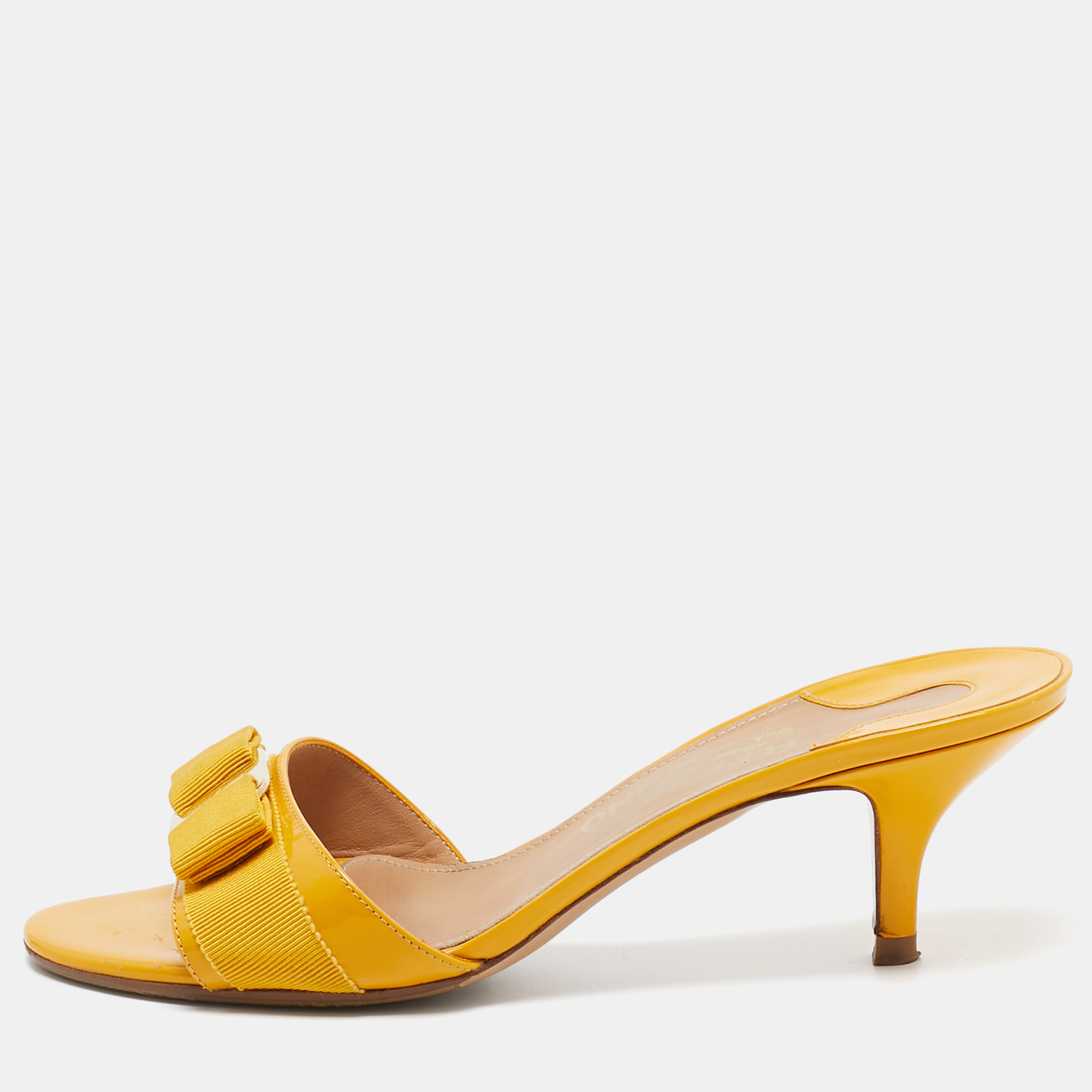 

Salvatore Ferragamo Yellow Patent Vara Bow Sandals Size