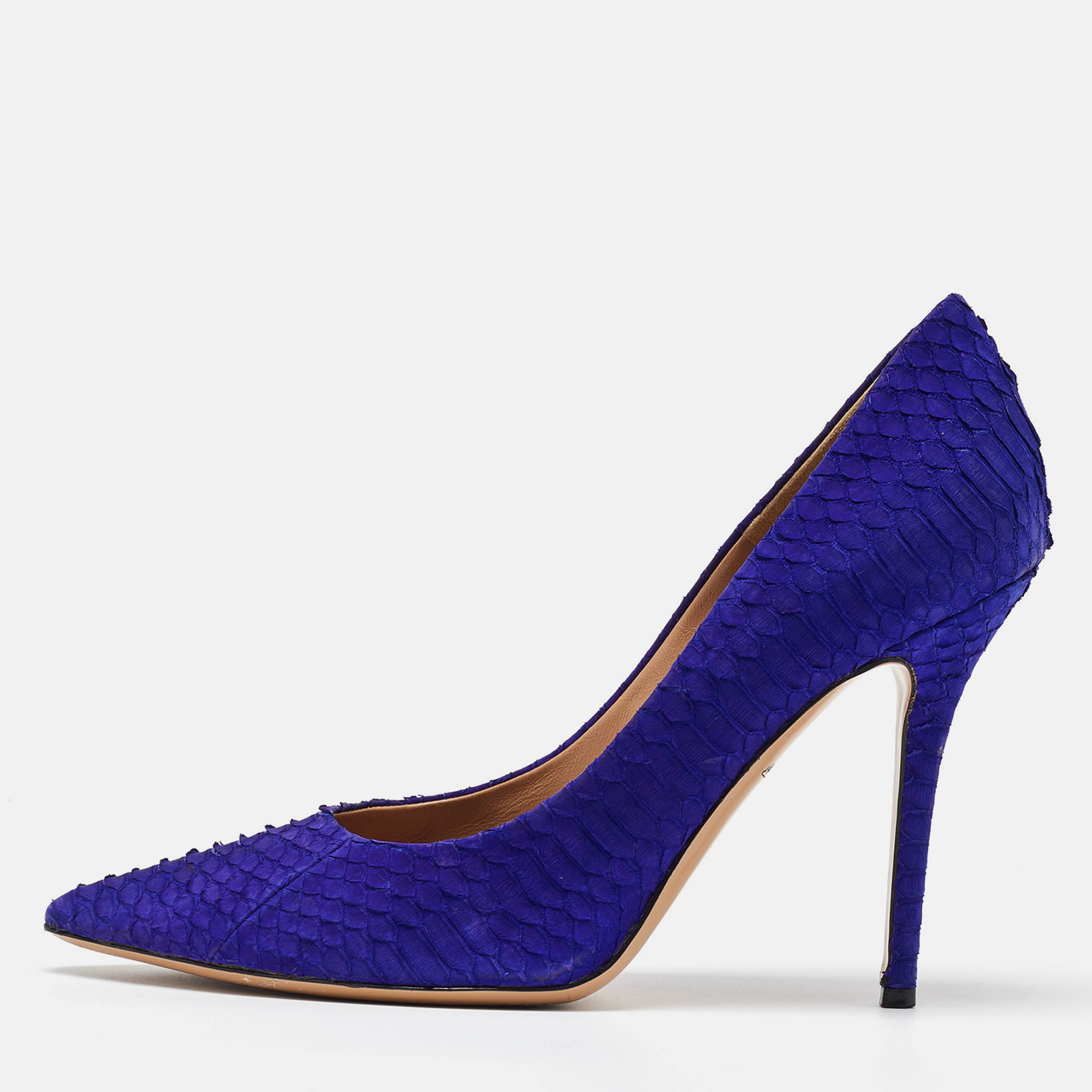 Pre-owned Ferragamo Blue Python Embossed Leather Pointed Toe Pumps Size 40.5