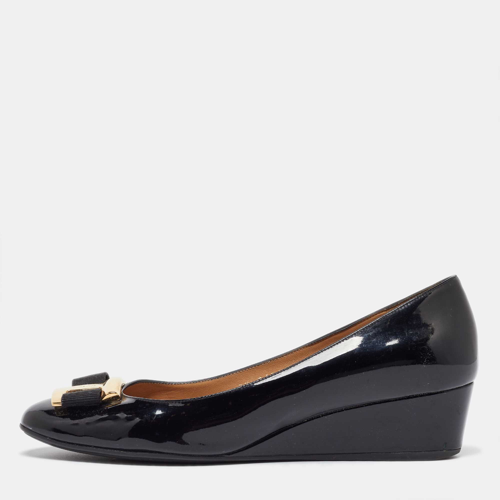 

Salvatore Ferragamo Black Patent Leather Ninna Wedges Pumps Size 39