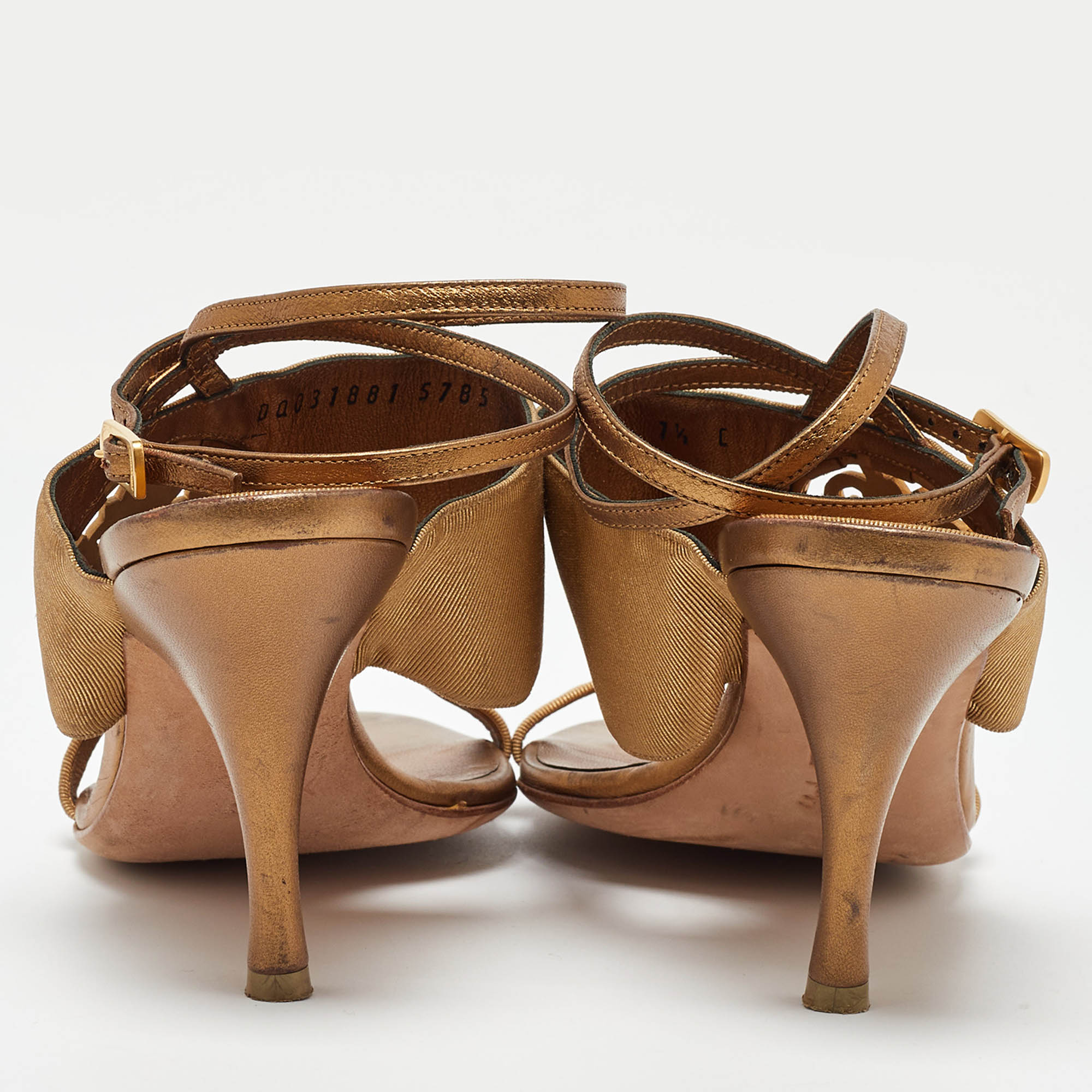 Salvatore Ferragamo Gold Canvas and Leather Ankle Strap Sandals Size 38 
