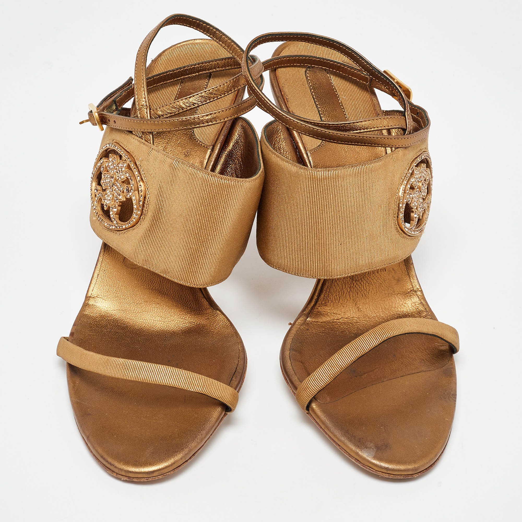 Salvatore Ferragamo Gold Canvas and Leather Ankle Strap Sandals Size 38 