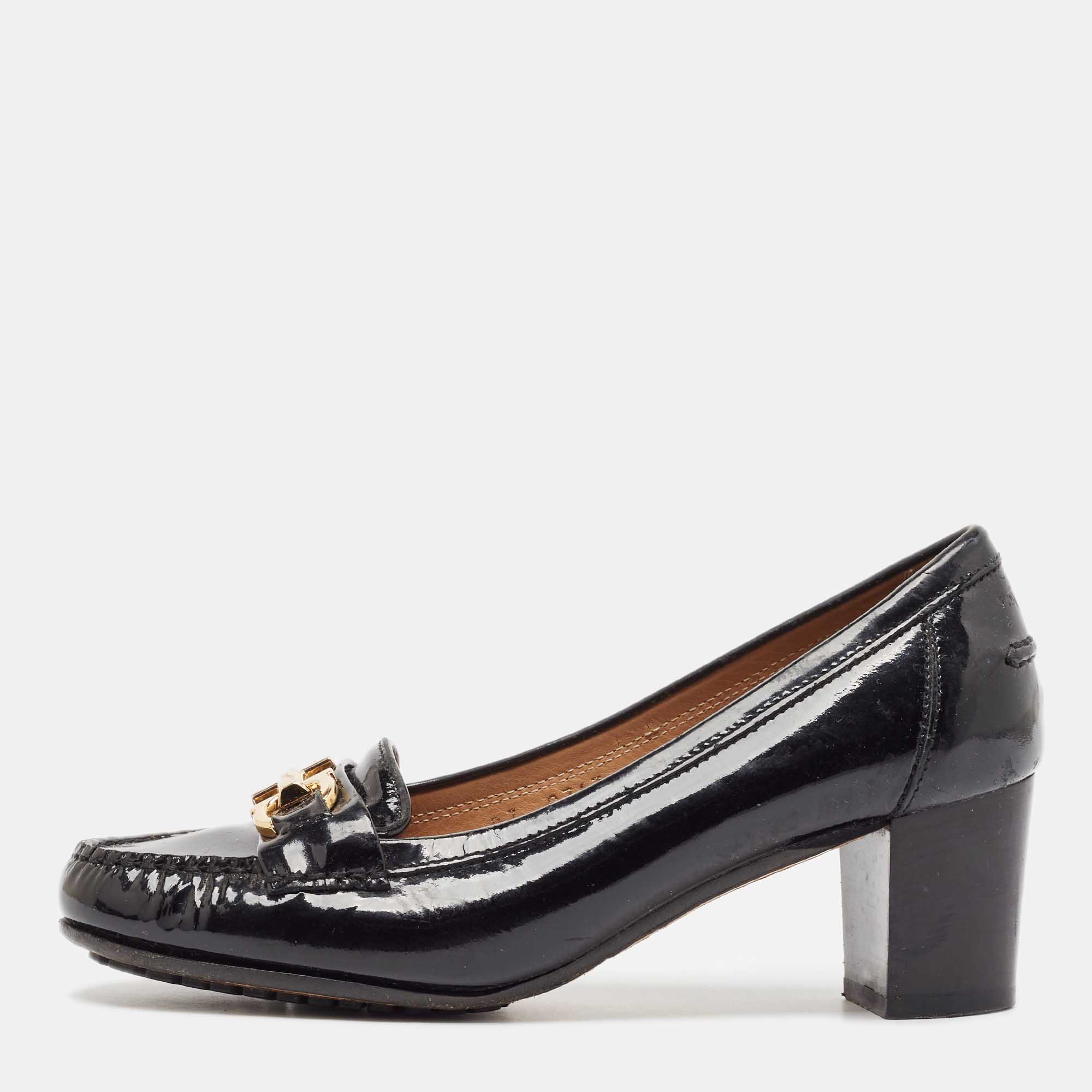 

Salvatore Ferragamo Black Patent Leather Gancini Buckle Loafer Pumps Size 36