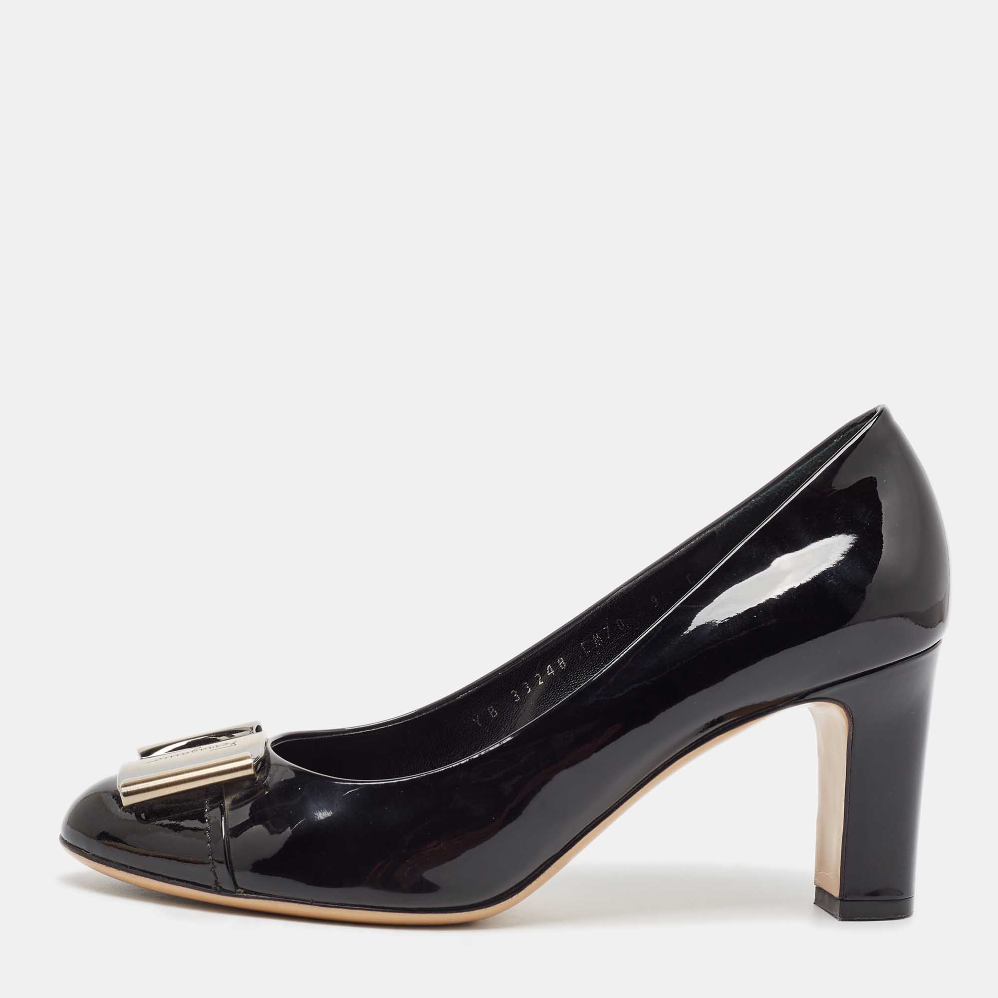 

Salvatore Ferragamo Black Patent Leather Buckle Pumps Size 39.5