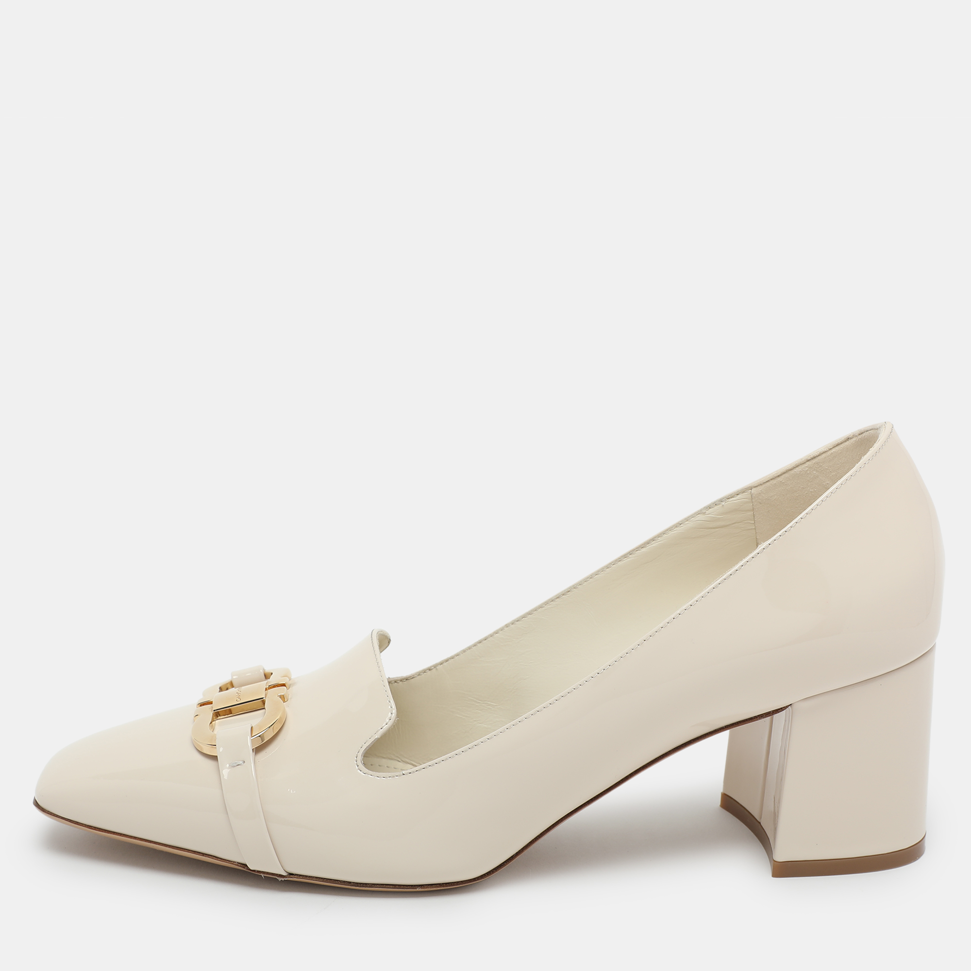 

Salvatore Ferragamo Cream Patent Leather Gancini Block Heel Pumps Size 41.5