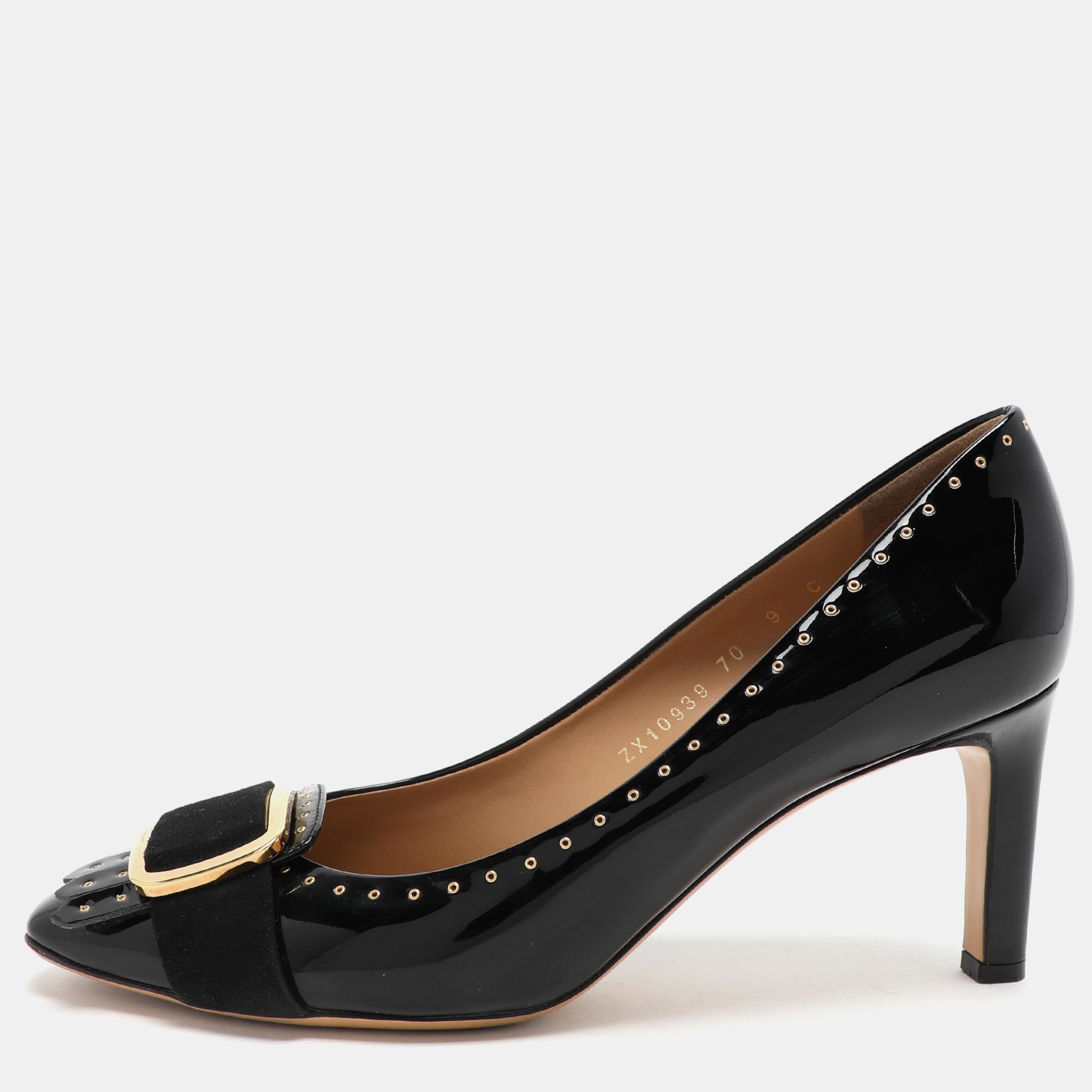 

Salvatore Ferragamo Black Patent Leather Embellished Pumps Size 39.5