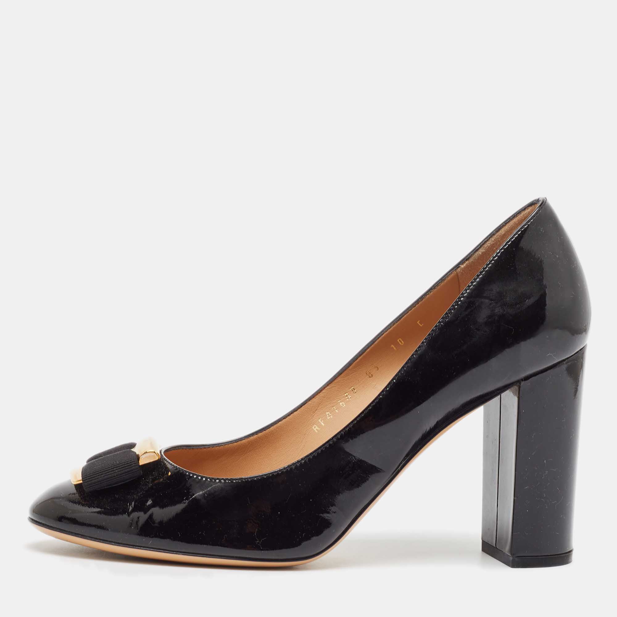 

Salvatore Ferragamo Black Patent Leather Vara Bow Block Heel Pumps Size 40.5