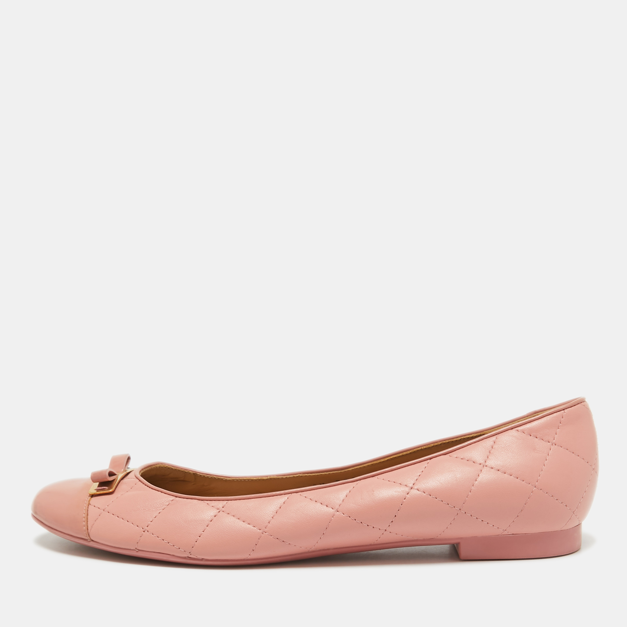 Pre-owned Ferragamo Pink Quilted Patent And Leather Bow Ballet Flats Size 40