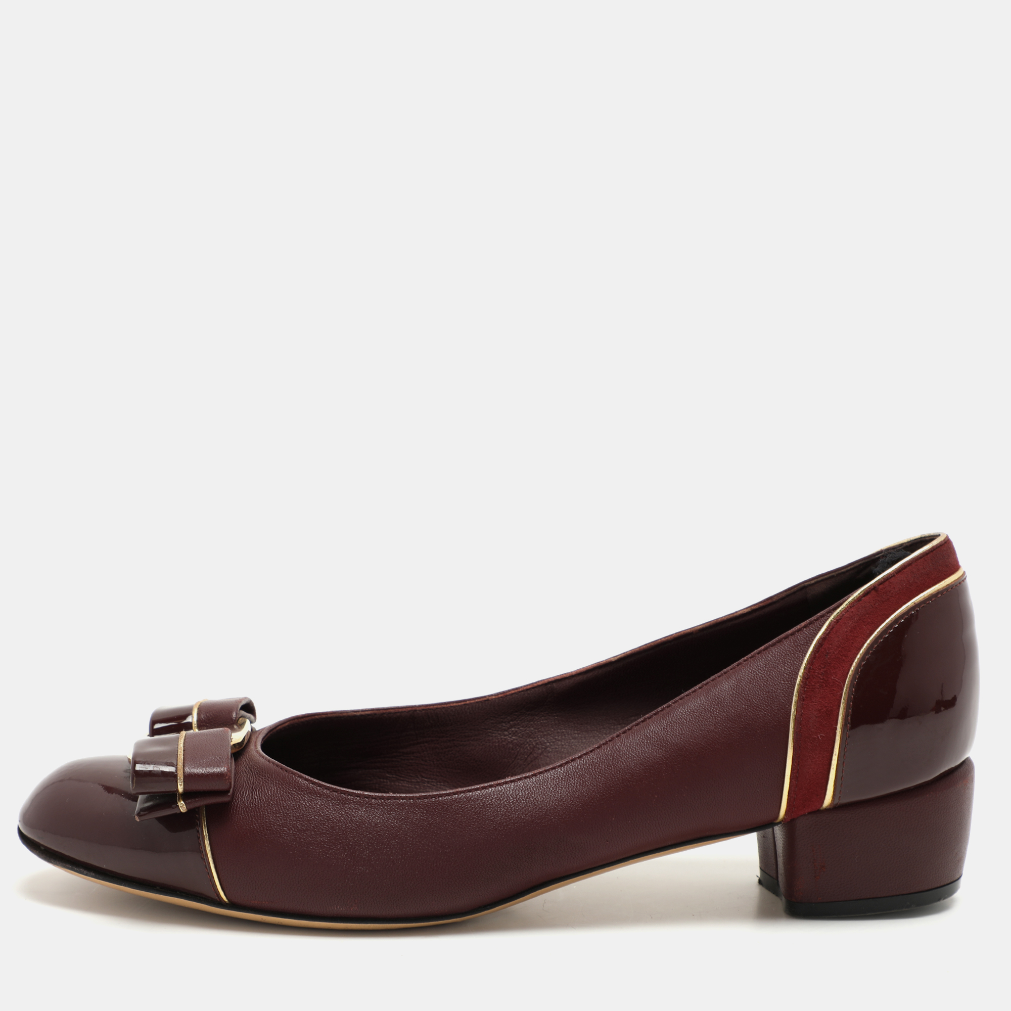 

Salvatore Ferragamo Burgundy Leather and Suede Vara Bow Block Heel Pumps Size 35.5