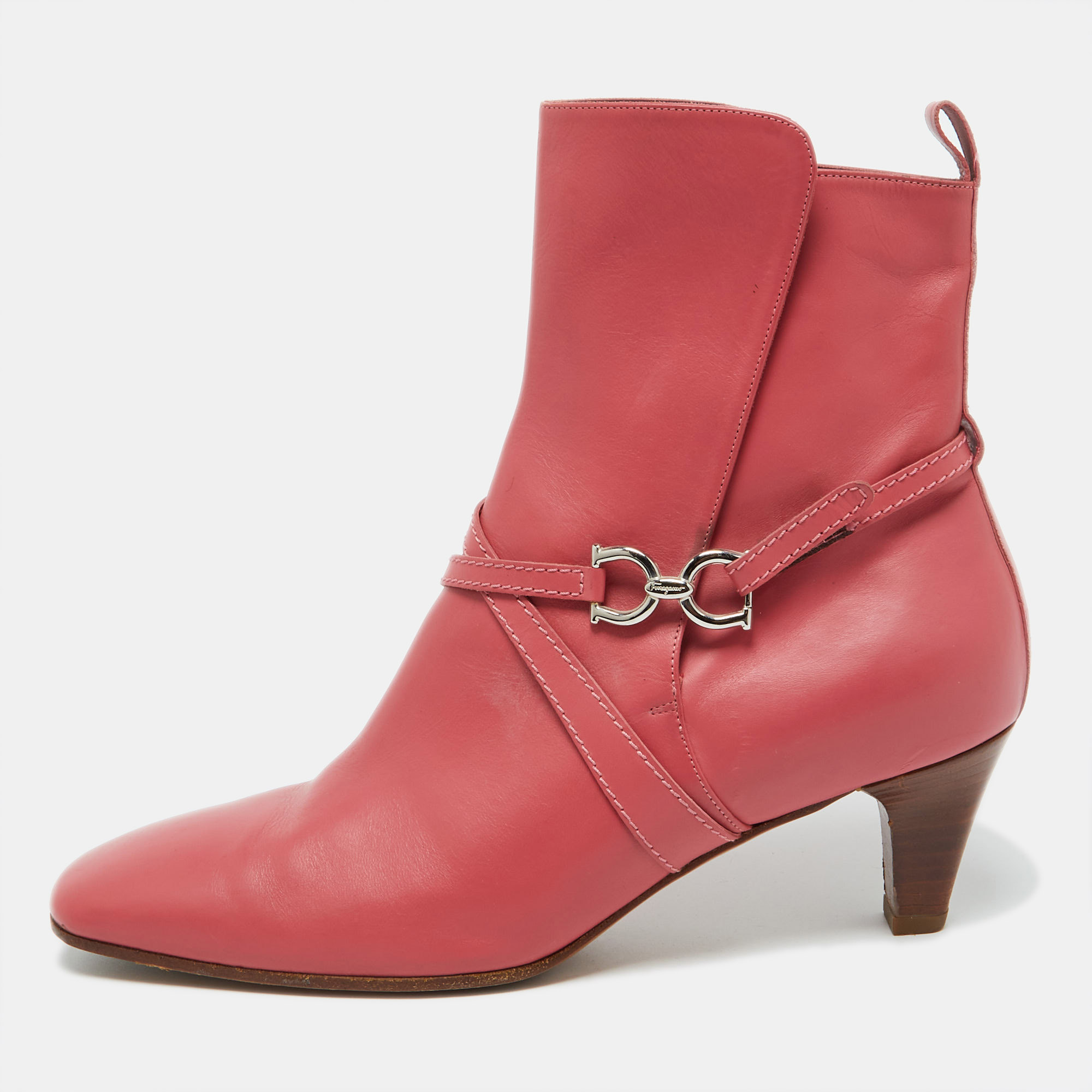 

Salvatore Ferragamo Coral Pink Leather Gancini Ankle Length Boots Size 39