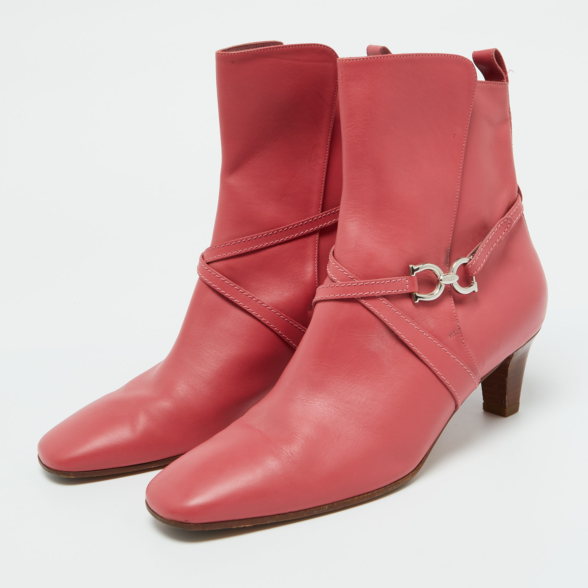 Salvatore Ferragamo Coral Pink Leather Gancini Ankle Length Boots Size 39 