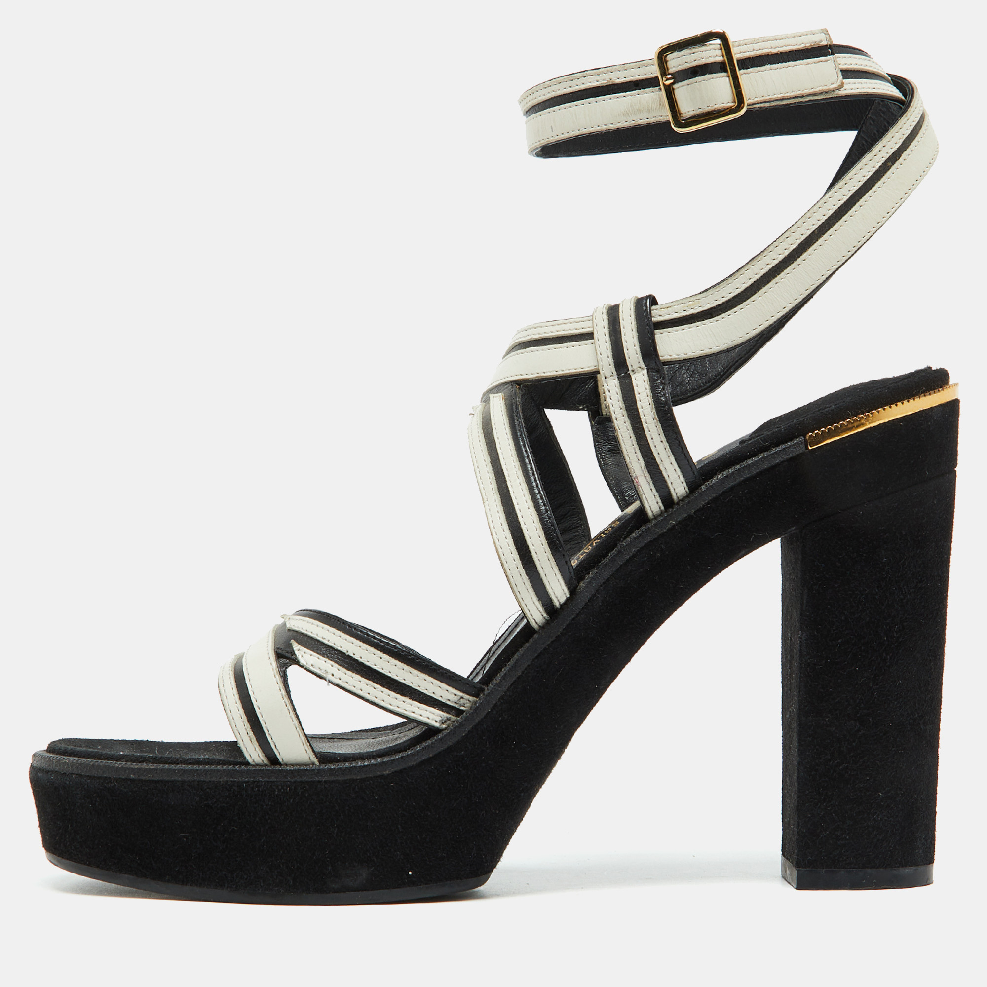 

Salvatore Ferragamo White/Black Leather and Suede Ankle Strap Platform Sandals Size 40