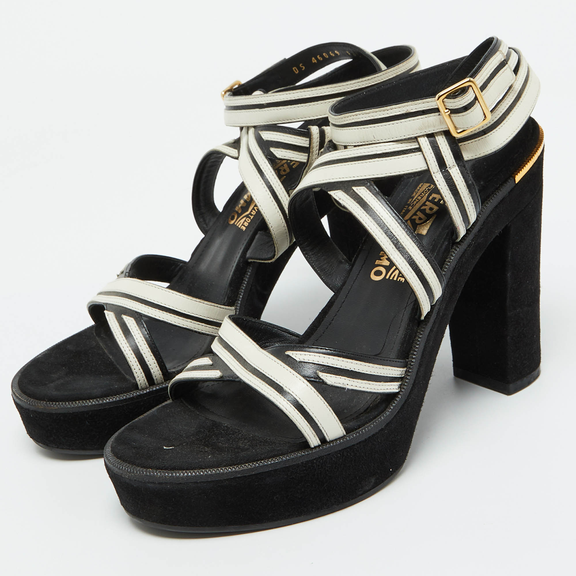 Salvatore Ferragamo White/Black Leather and Suede Ankle Strap Platform Sandals Size 40 