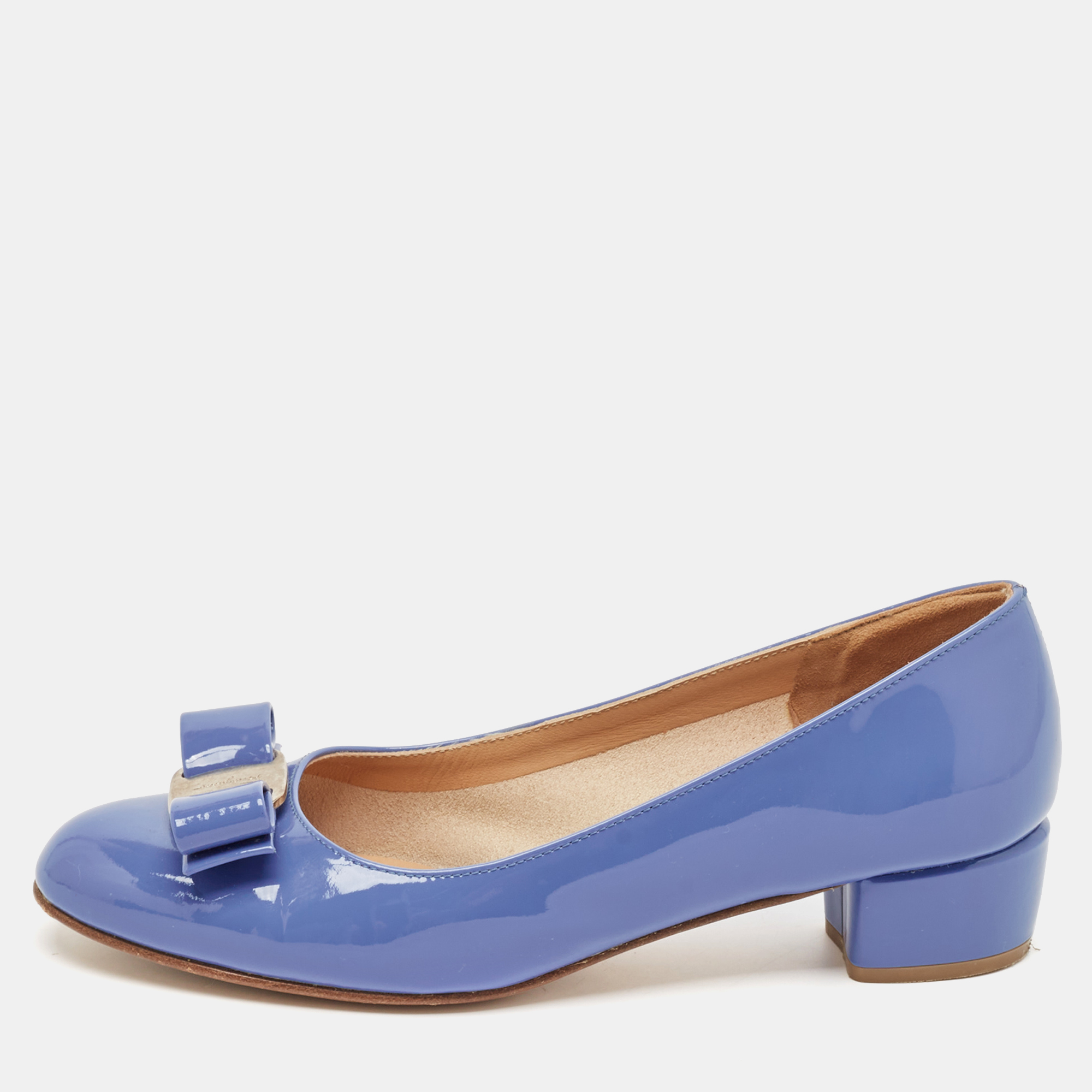 

Salvatore Ferragamo Blue Patent Leather Vara Bow Block Heel Pumps Size 36.5