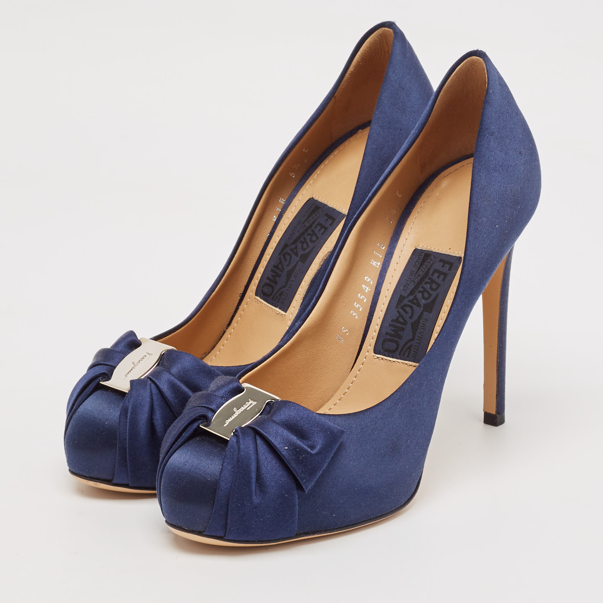 Salvatore Ferragamo Navy Blue Satin Bow Platform Pumps Size 37 