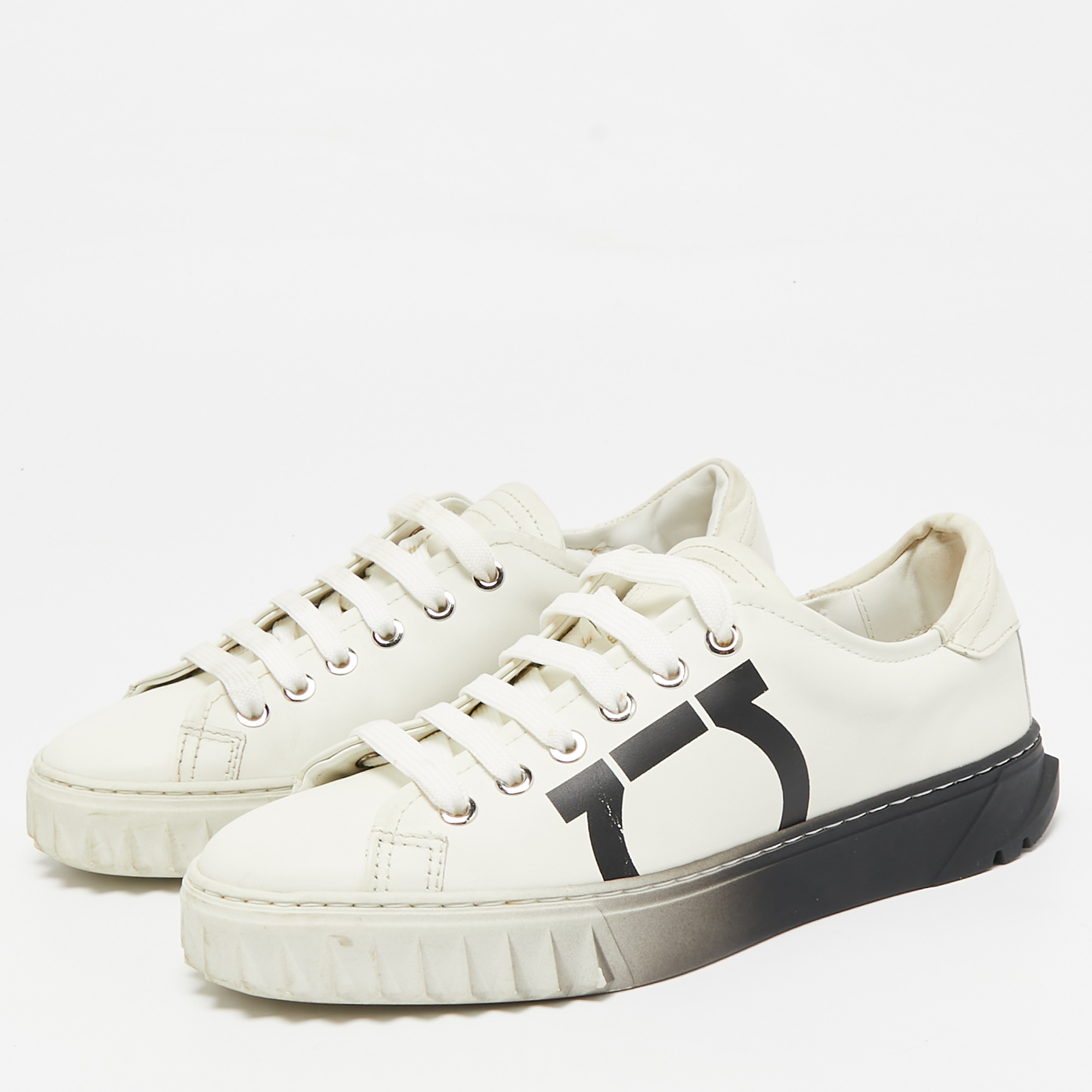 Salvatore Ferragamo White/Black Leather Gancini Logo Print Sneakers Size 35.5 