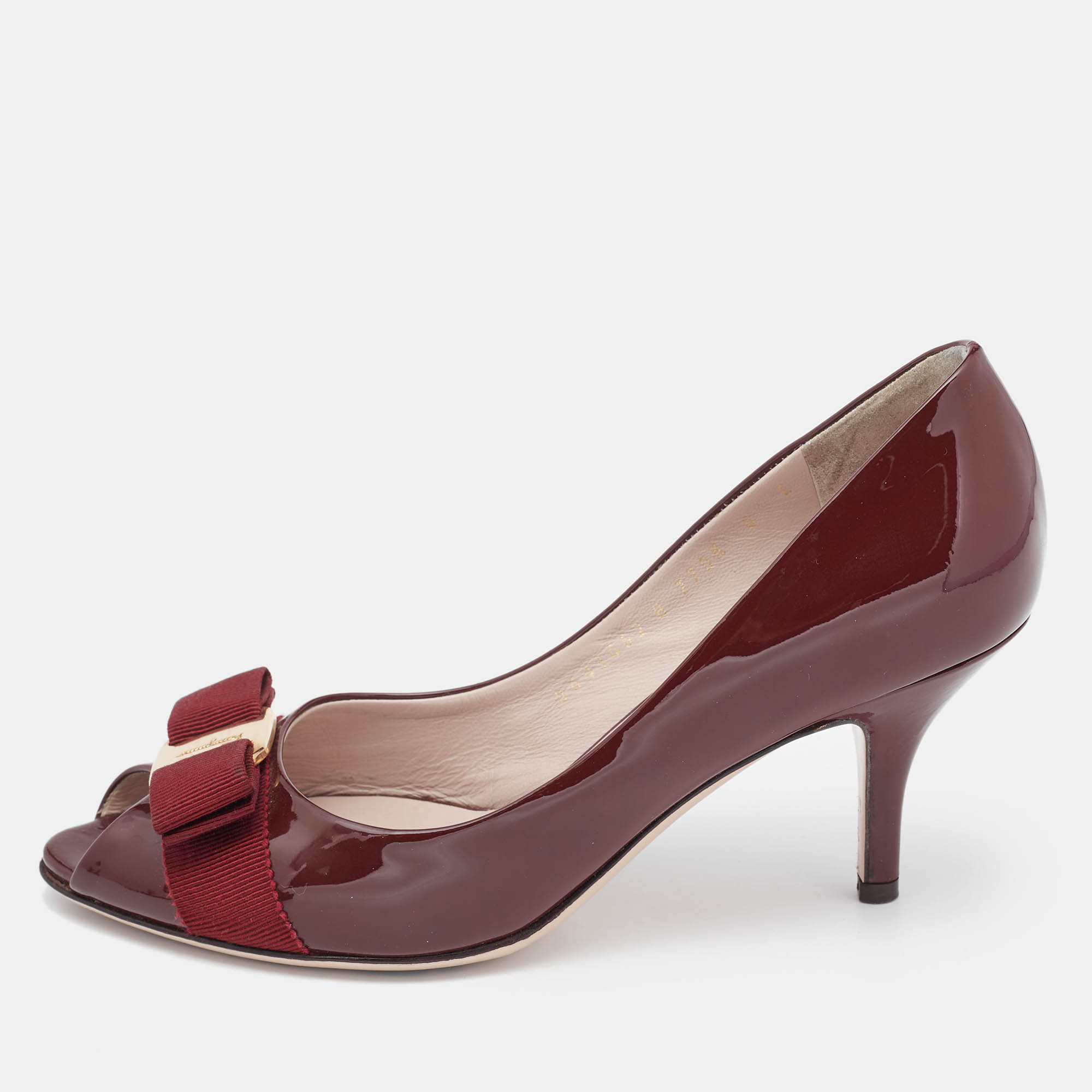 

Salvatore Ferragamo Burgundy Patent Leather Vara Bow Peep Toe Pumps Size 36.5