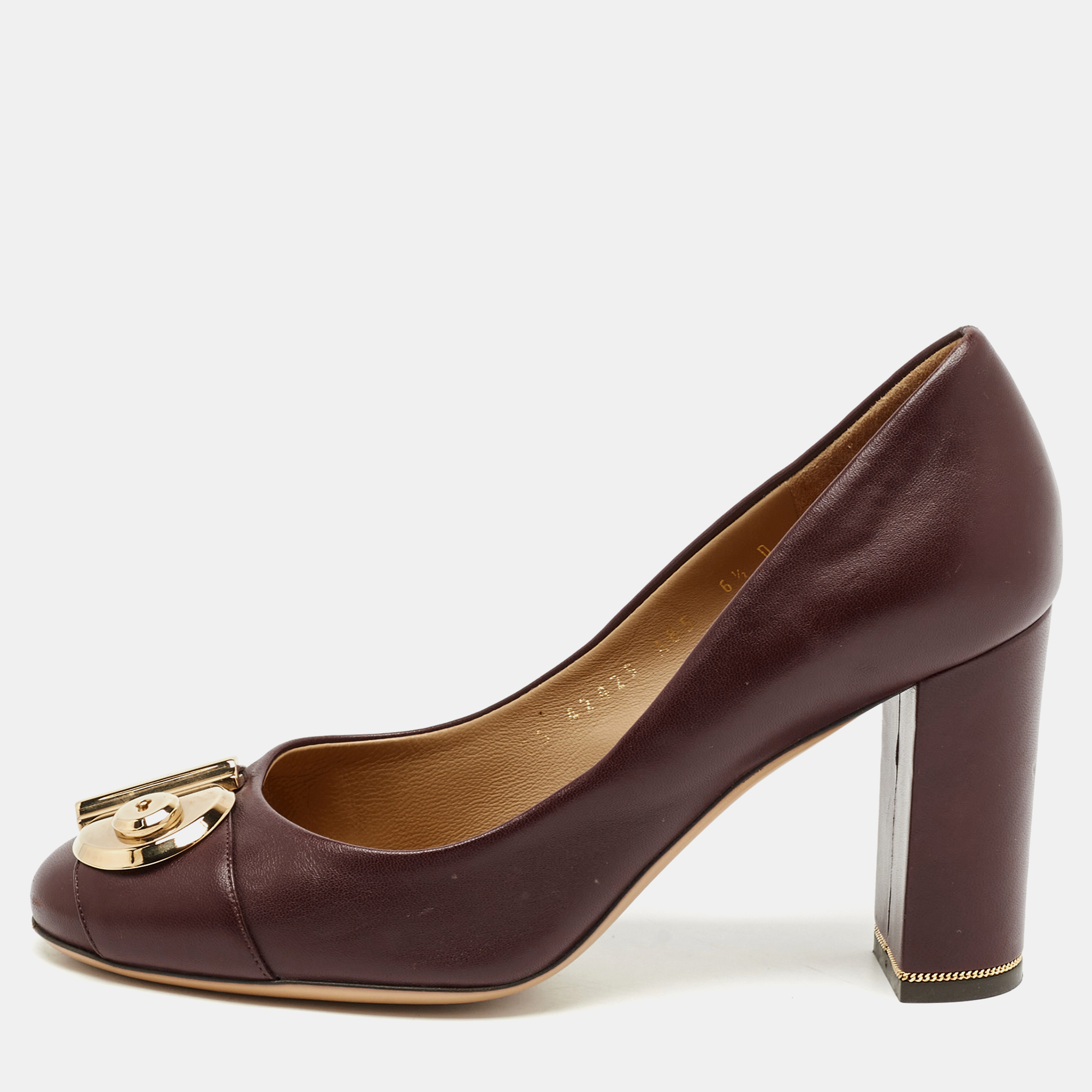 Pre-owned Ferragamo Burgundy Leather Fiamma Block Heel Pumps Size 37