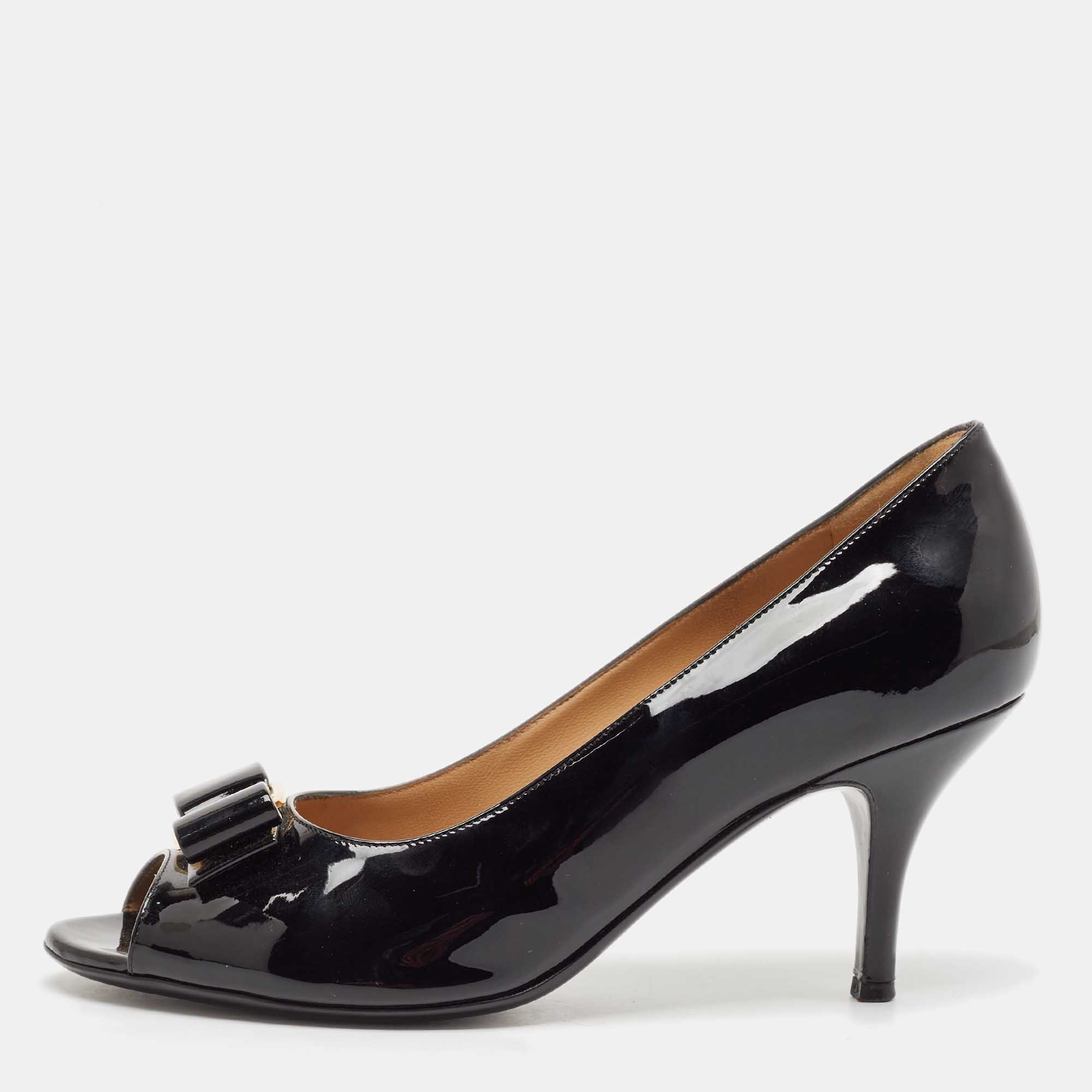 

Salvatore Ferragamo Black Patent Leather Vara Bow Peep Toe Pumps Size 38