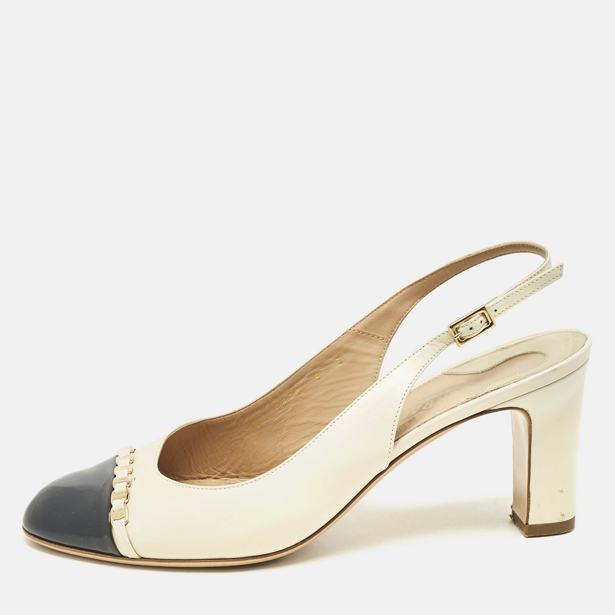 

Salvatore Ferragamo Cream/Navy Blue Leather Slingback Block Heel Pumps Size 40