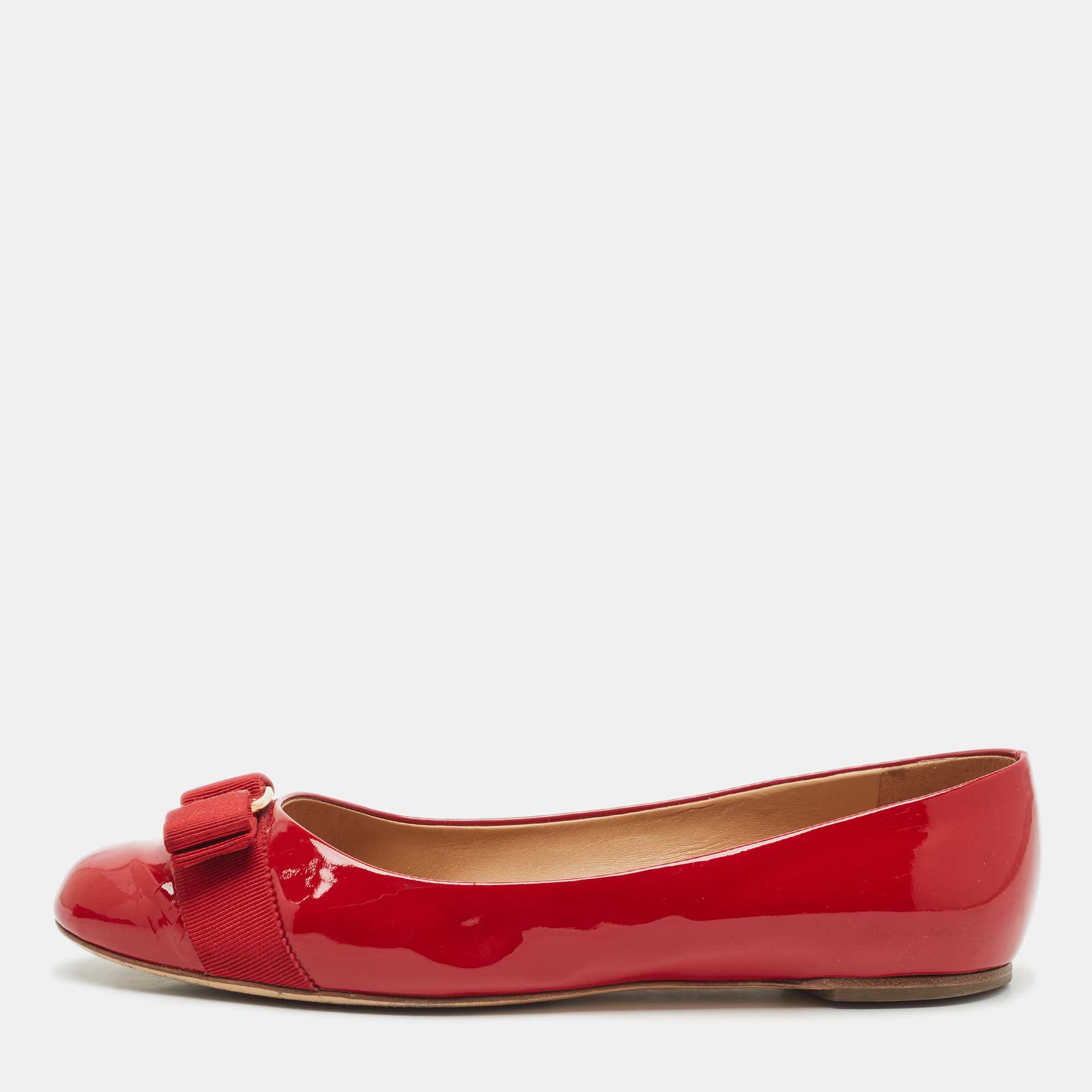 Pre-owned Ferragamo Red Patent Leather Varina Ballet Flats Size 39