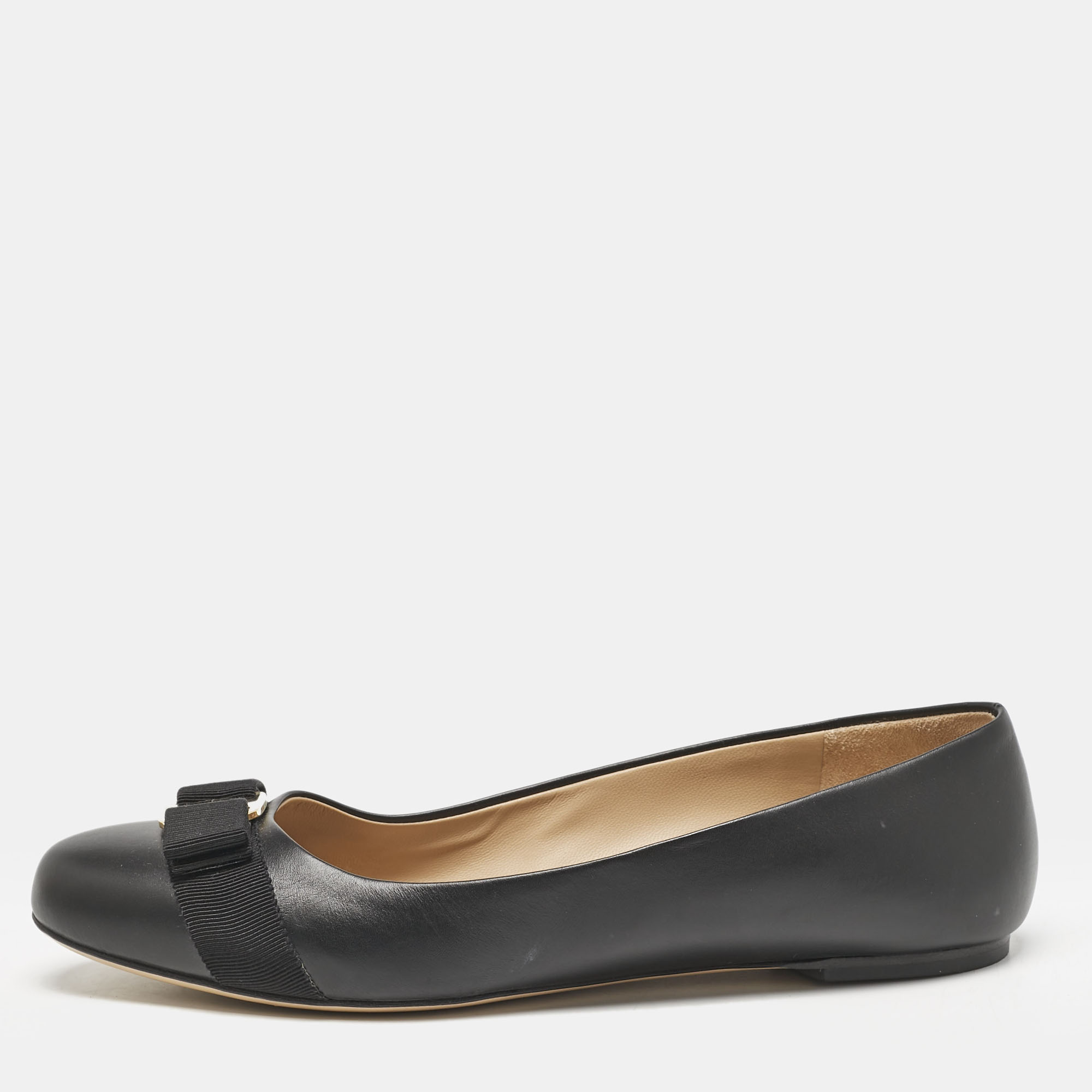 Pre-owned Ferragamo Black Leather Vara Bow Ballet Flats Size 40.5