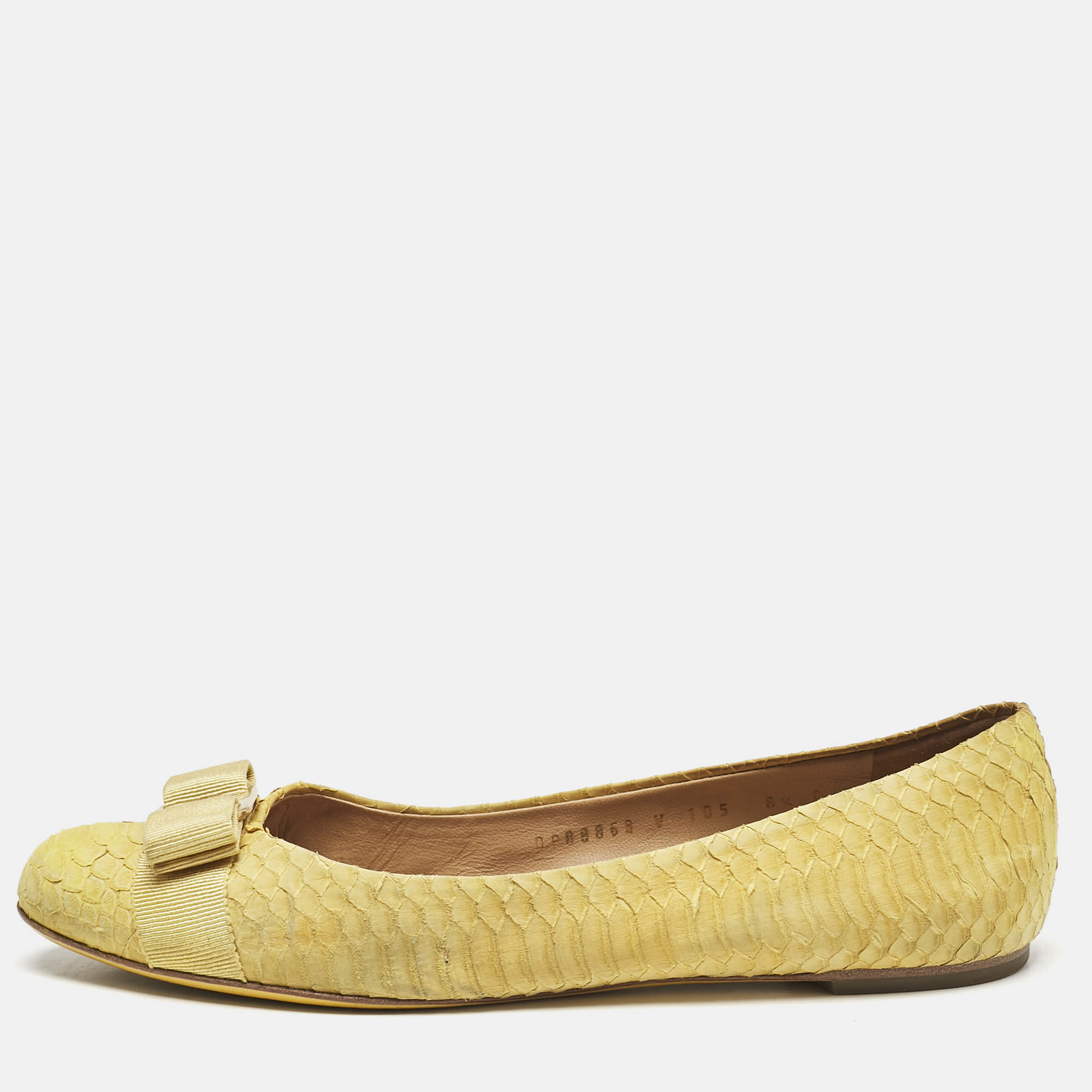 Pre-owned Ferragamo Yellow Python Embossed Varina Ballet Flats Size 39