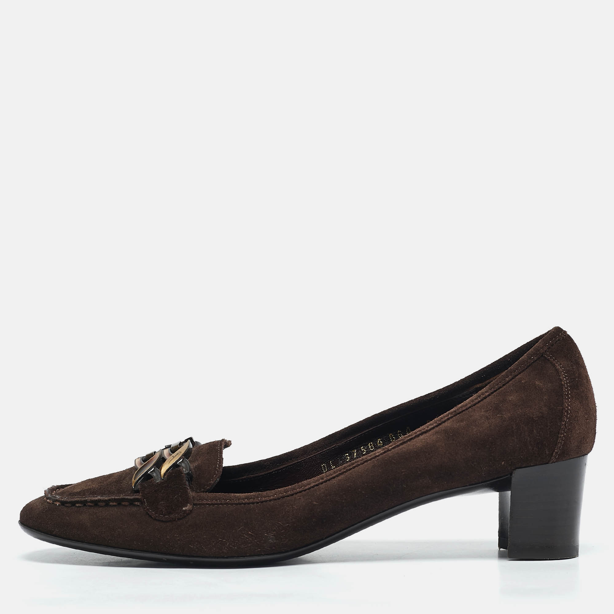 Pre-owned Ferragamo Brown Suede Block Heel Loafers Size 39