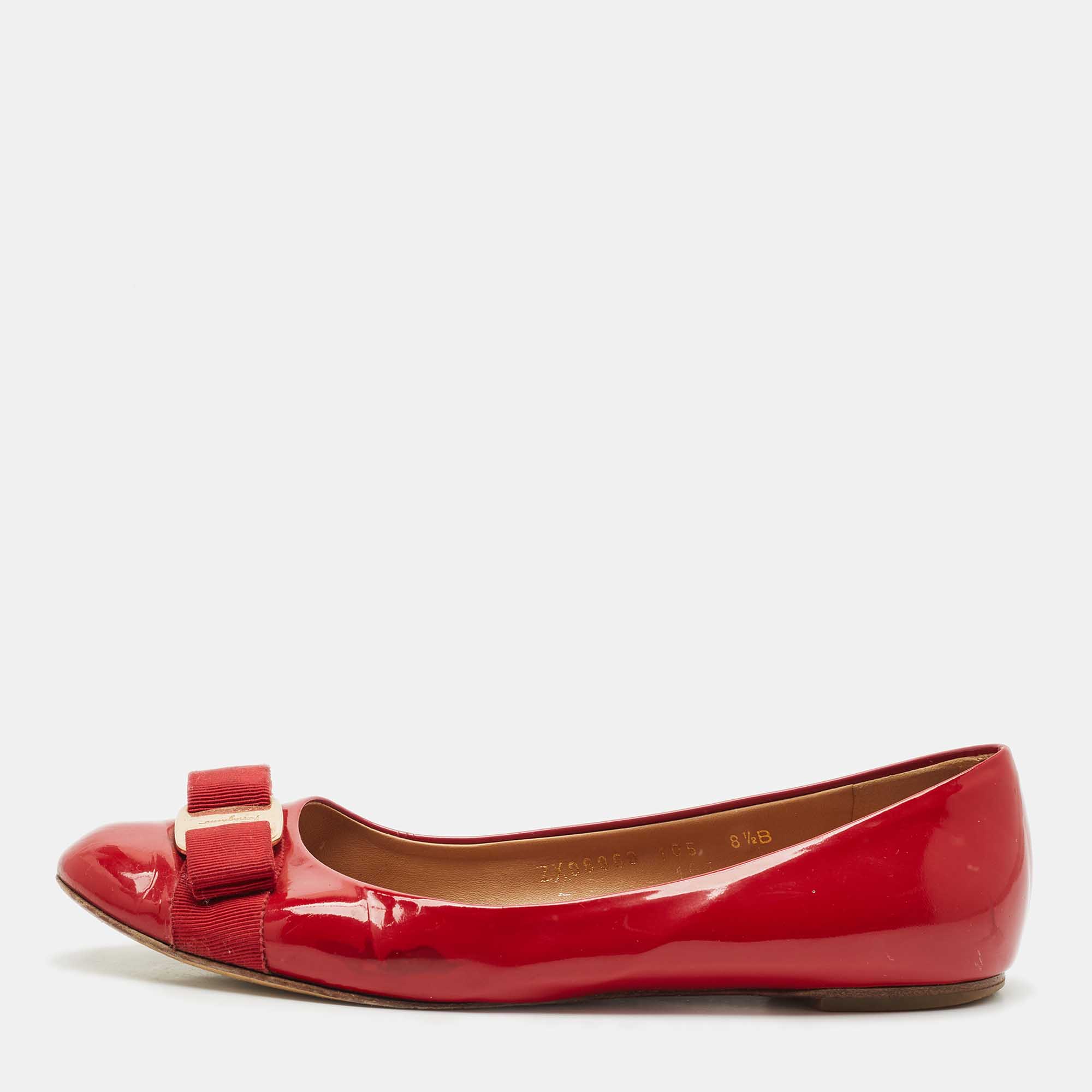 

Salvatore Ferragamo Red Patent Leather Varina Bow Ballet Flats Size 39