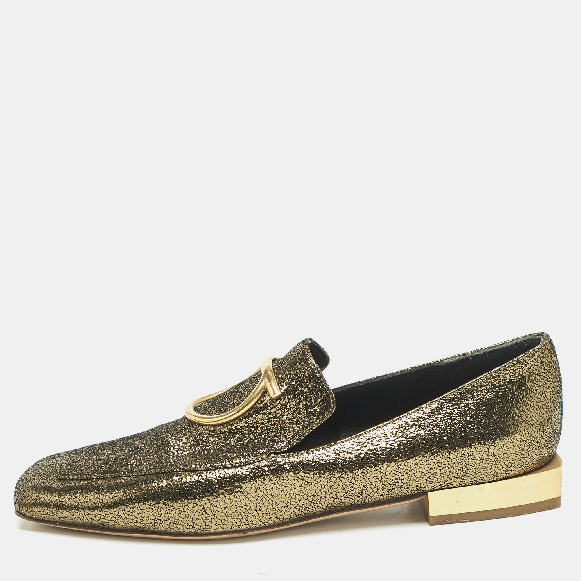 

Salvatore Ferragamo Gold Foil Leather Lana Loafers Size 35