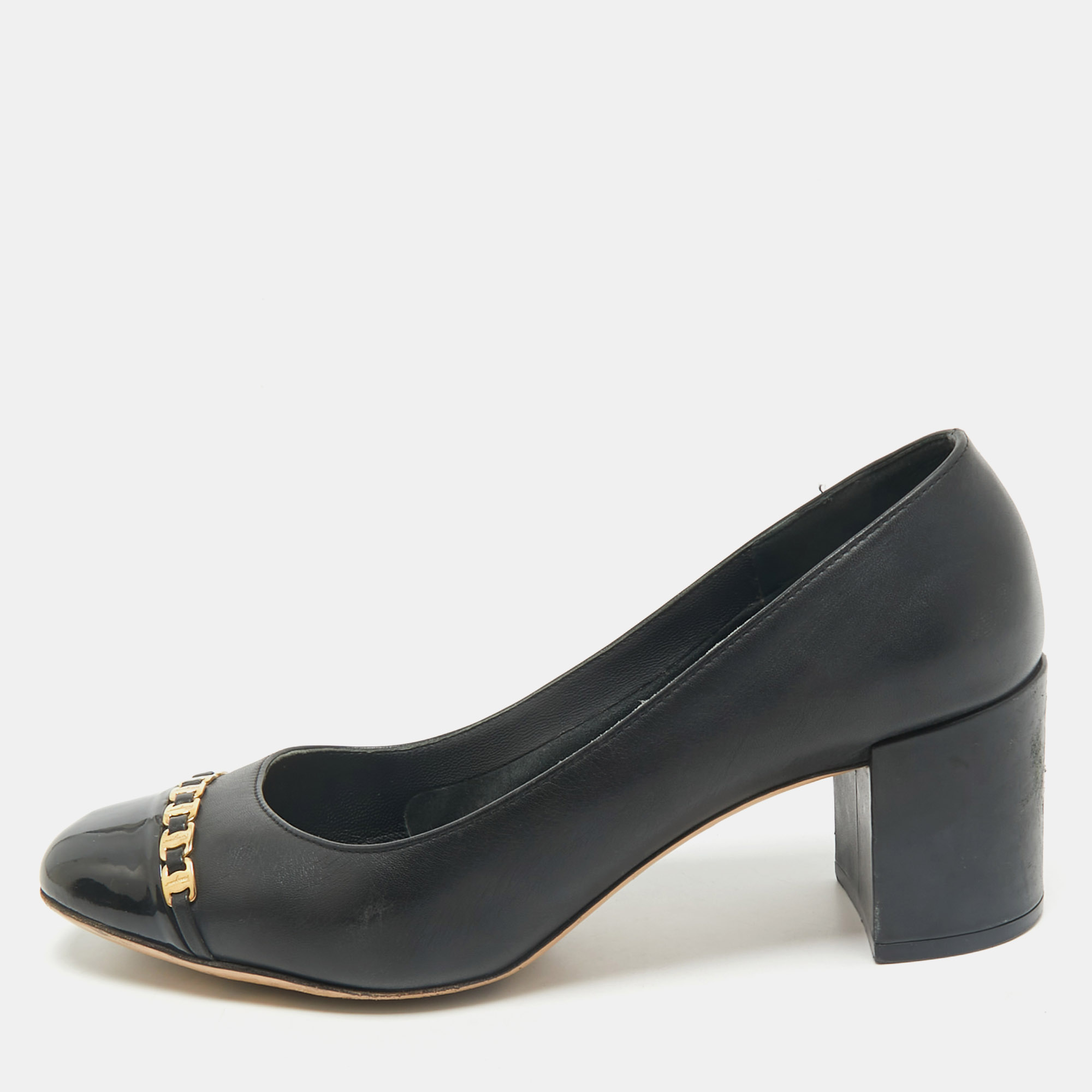 

Salvatore Ferragamo Black Patent and Leather Vara Chain Pumps Size 37