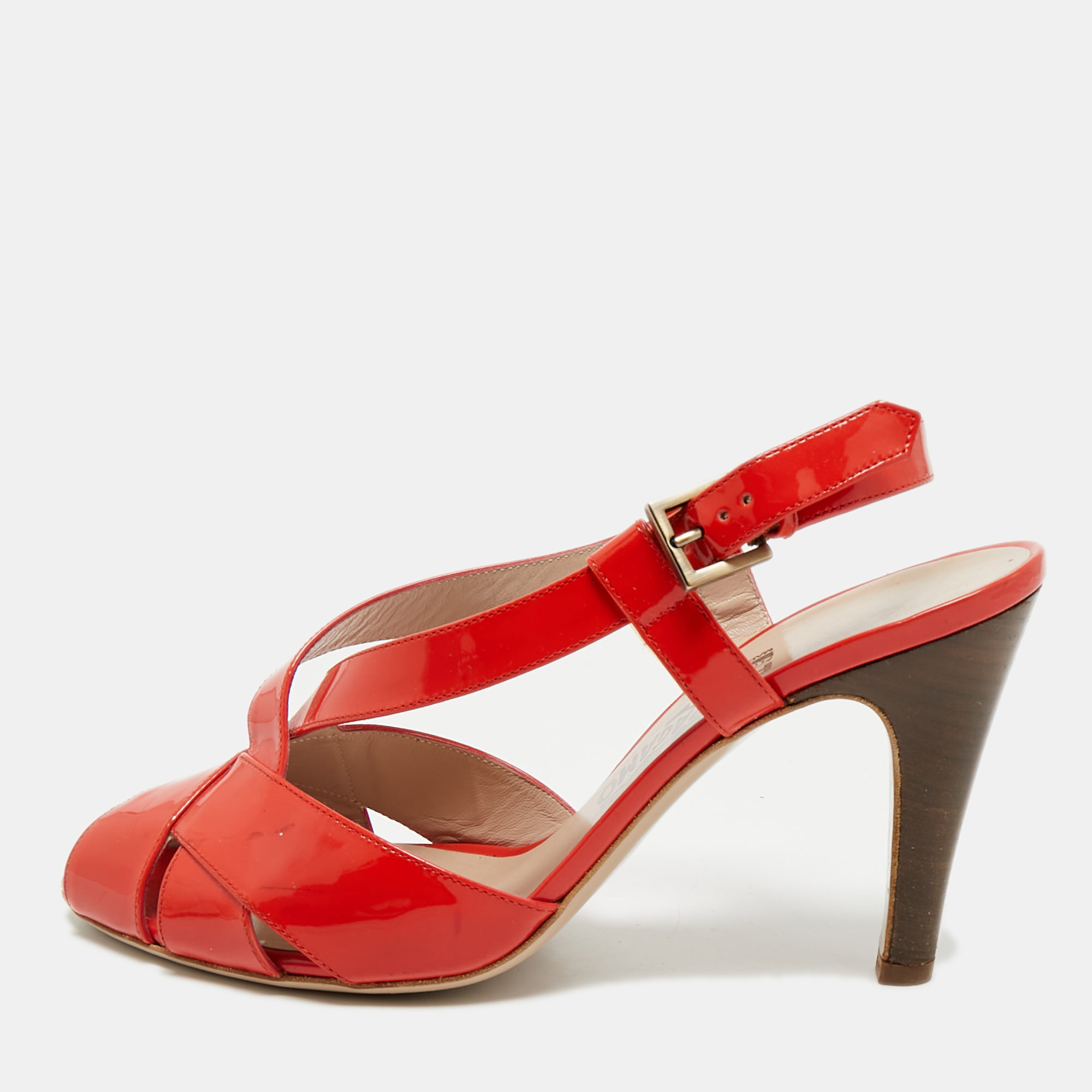 

Salvatore Ferragamo Orange Patent Peep Toe Slingback Pumps Size 38.5