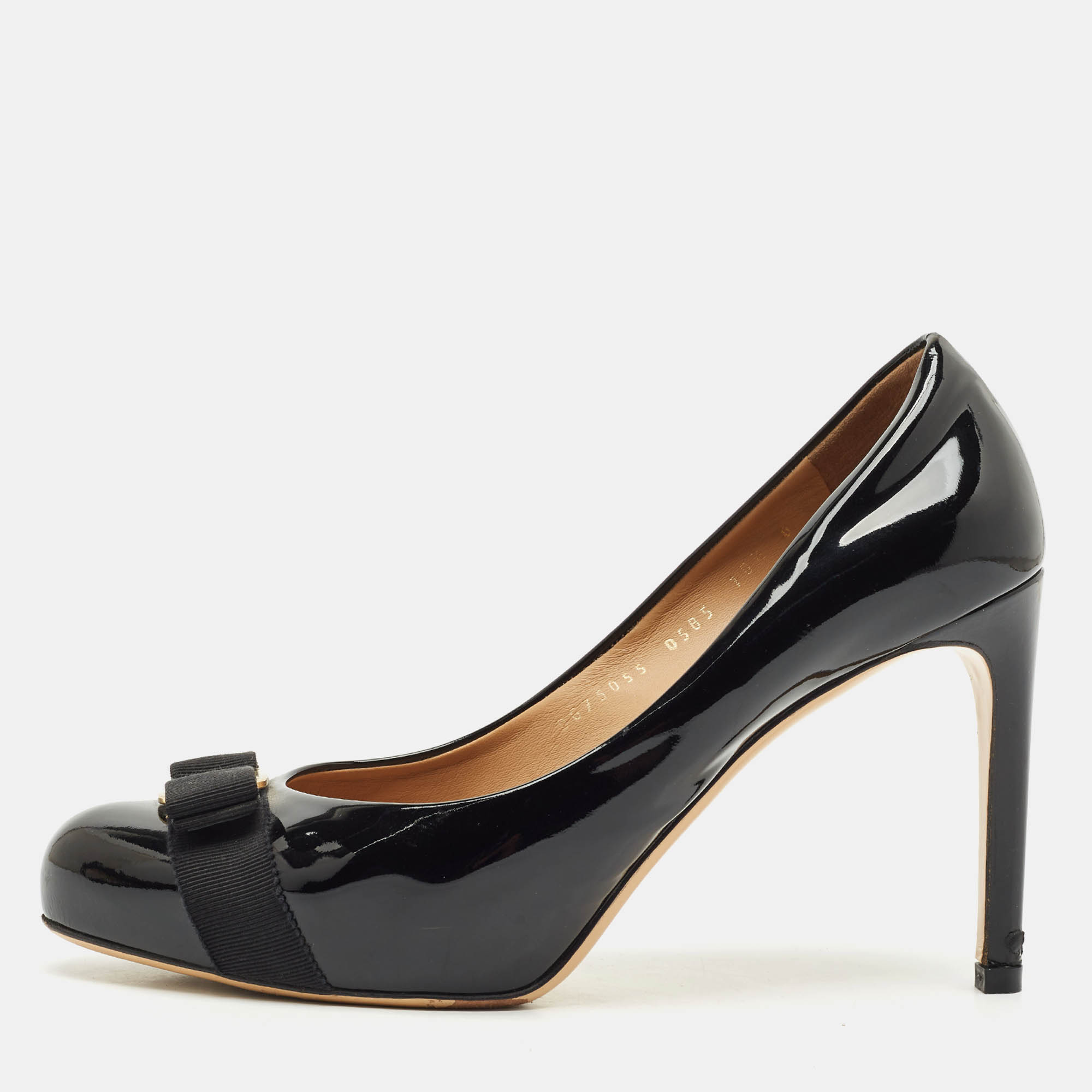 Pre-owned Ferragamo Black Patent Leather Pimpa Vara Bow Platform Pumps Size 41