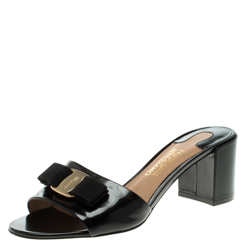 Salvatore Ferragamo Black Leather Block Heel Slides Size 38