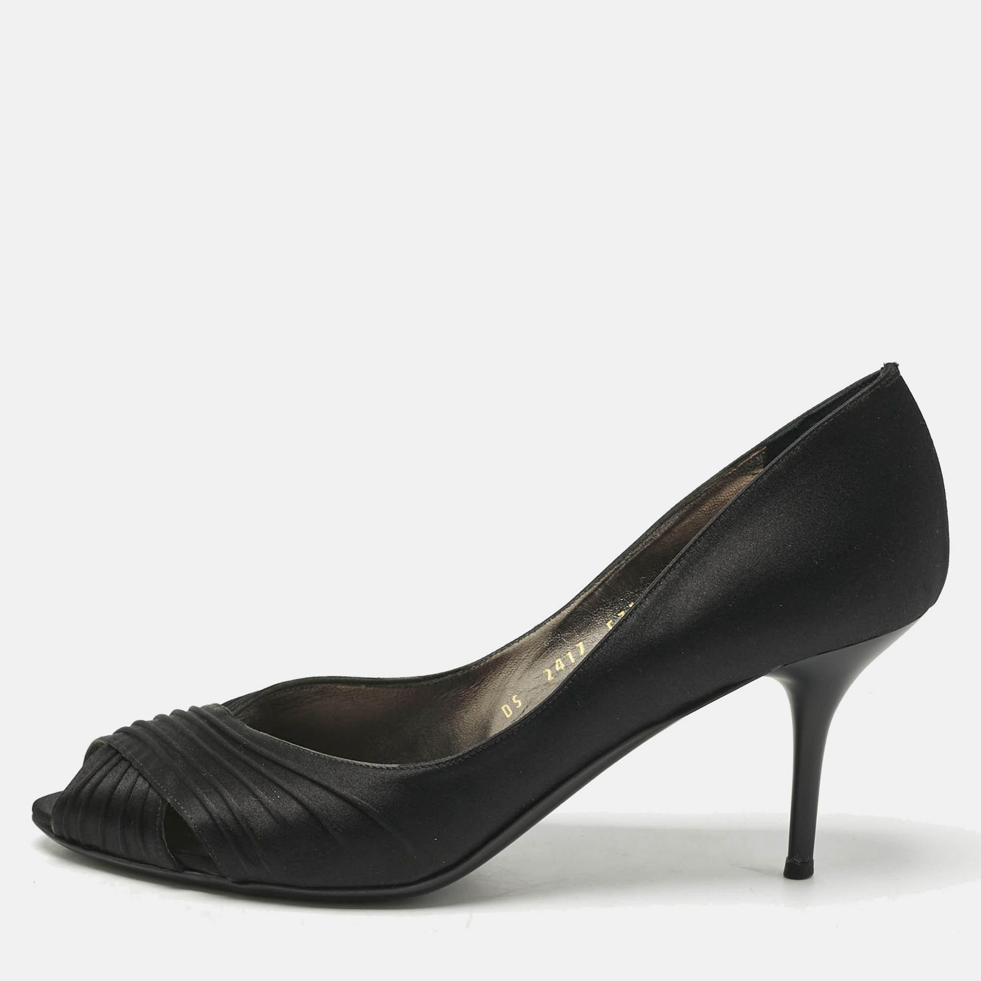 Pre-owned Ferragamo Black Pleated Satin Societe Peep Toe Pumps Size 39.5