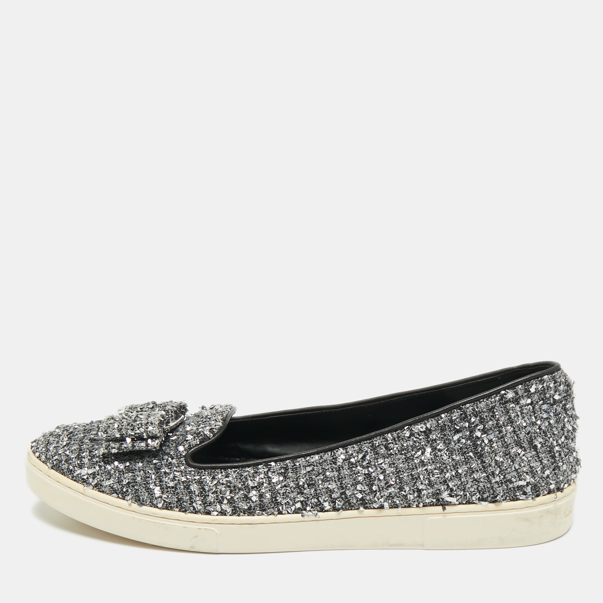 Pre-owned Ferragamo Grey Tweed And Leather Novello Slip On Sneakers Size 38.5 In Gray