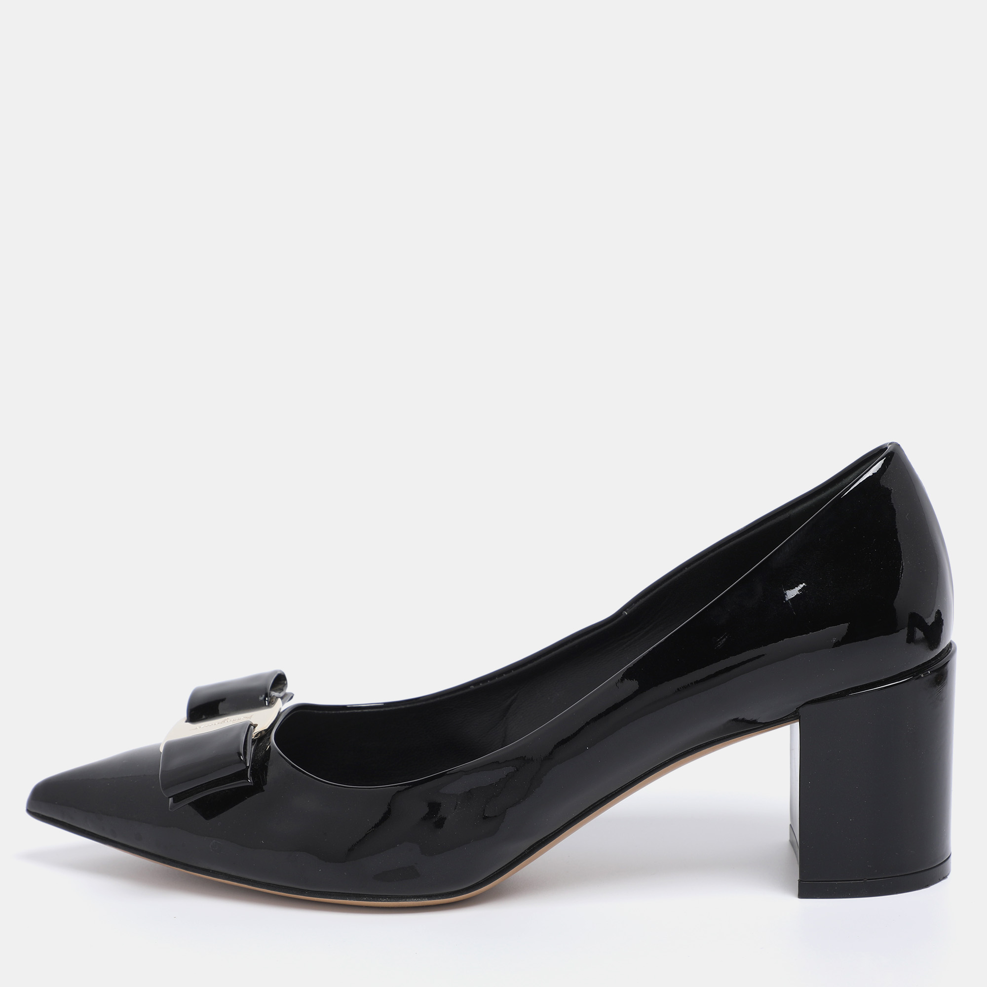 

Salvatore Ferragamo Black Patent Leather Vara Bow Block Heel Pumps Size 41