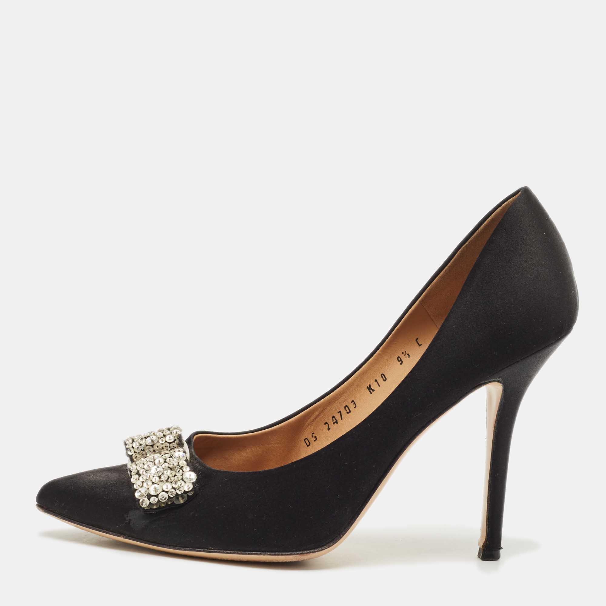 Pre-owned Ferragamo Black Satin Crystal Embellished Vara Bow Pumps Size 40