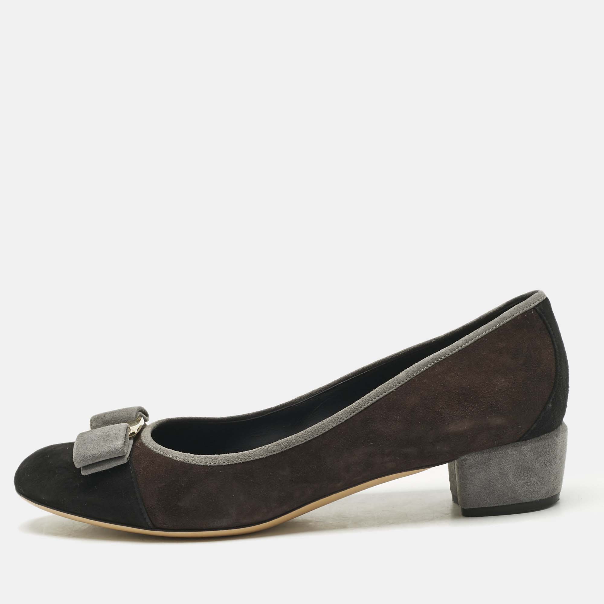 Pre-owned Ferragamo Multicolor Suede Vara Bow Pumps Size 38.5