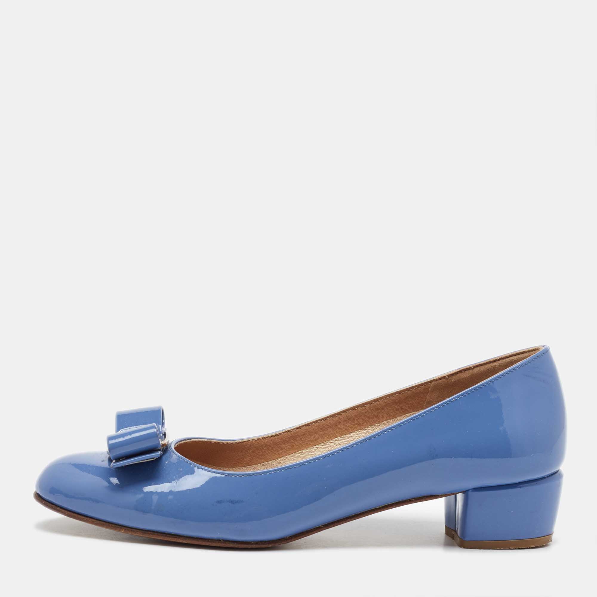 Pre-owned Ferragamo Light Blue Patent Leather Vara Bow Pumps Size 36.5
