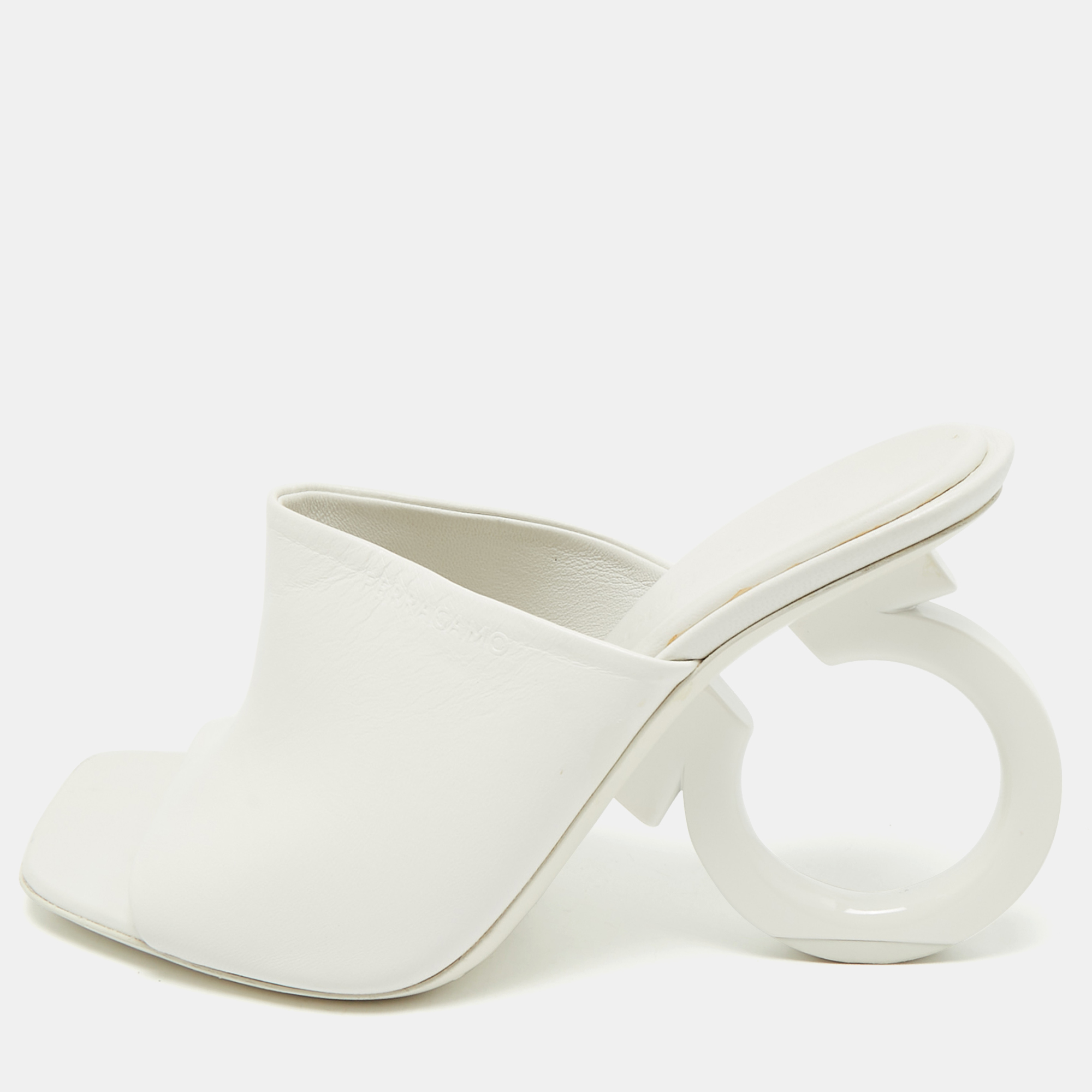 Pre-owned Ferragamo White Leather Astro Slide Sandals Size 37