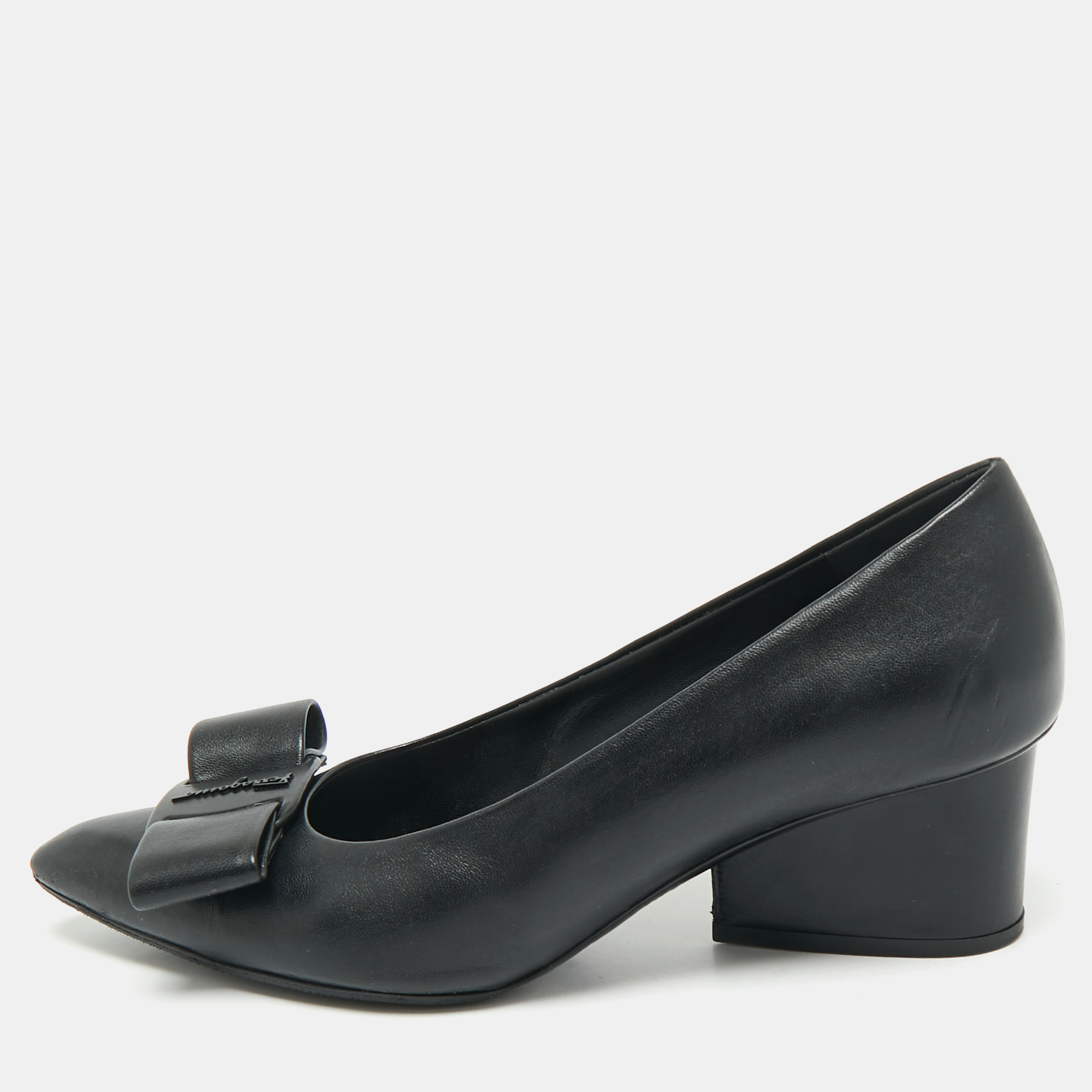 Pre-owned Ferragamo Black Leather Viva Bow Block Heel Pumps Size 37.5