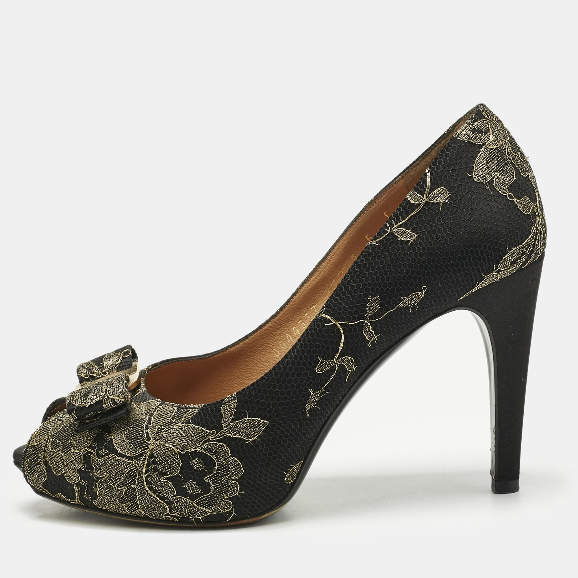 

Salvatore Ferragamo Gold/Black Lace and Satin Talia Peep Toe Pumps Size 36.5