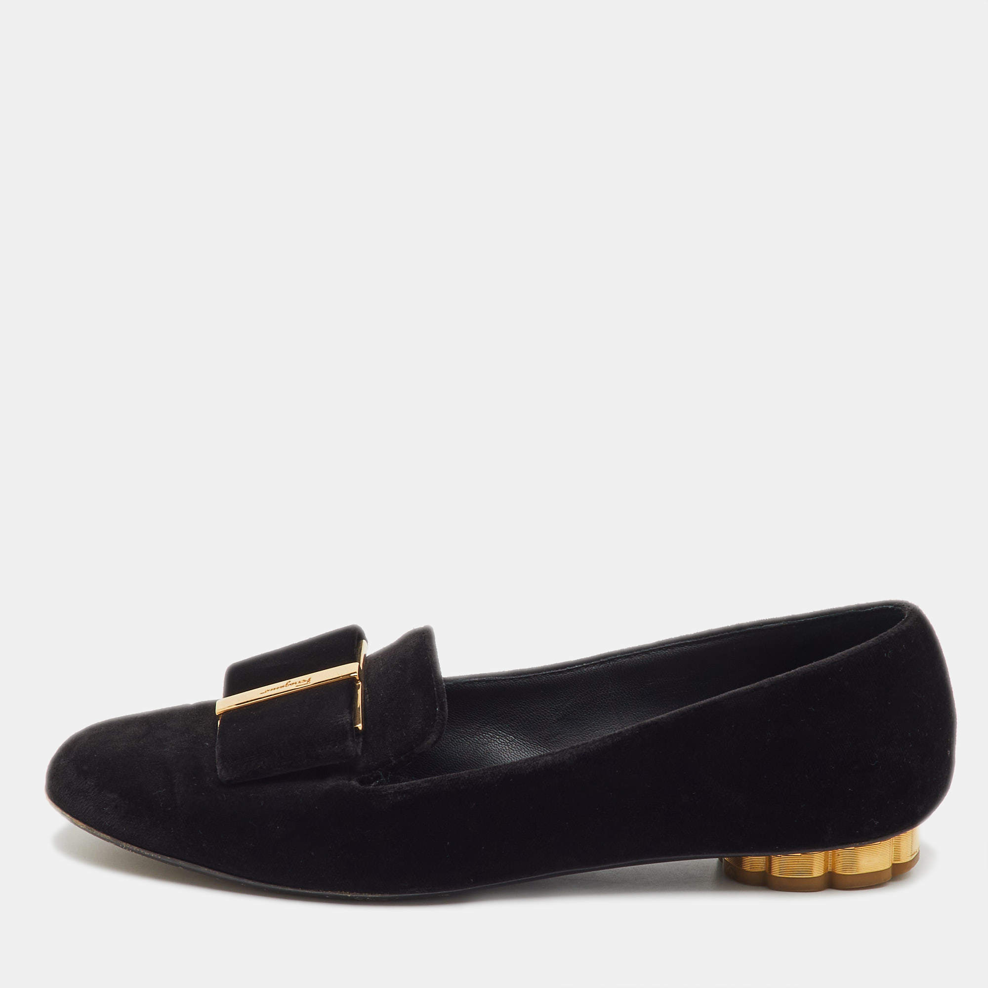 

Salvatore Ferragamo Black Velvet Bow Sarno Flower Heel Loafers Size 36