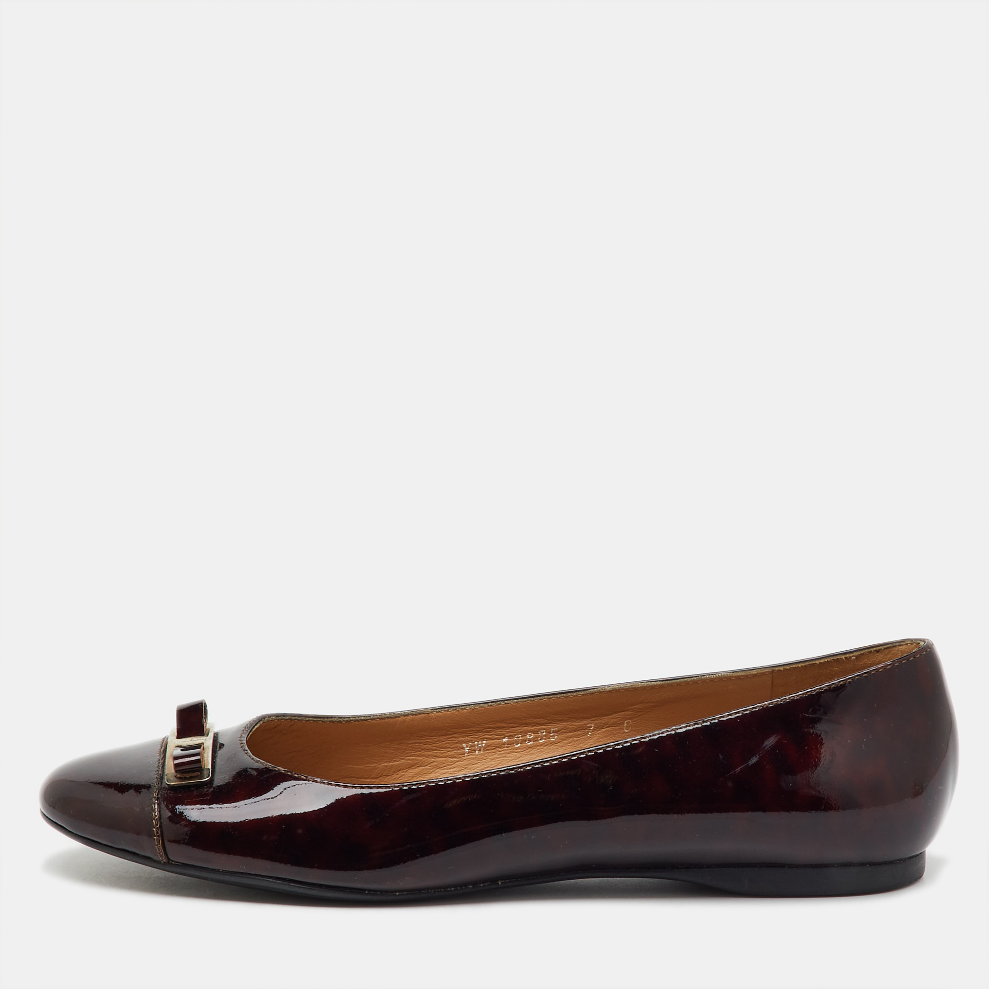 Pre-owned Ferragamo Brown Leather Patent Vara Bow Ballet Flats Size 37.5